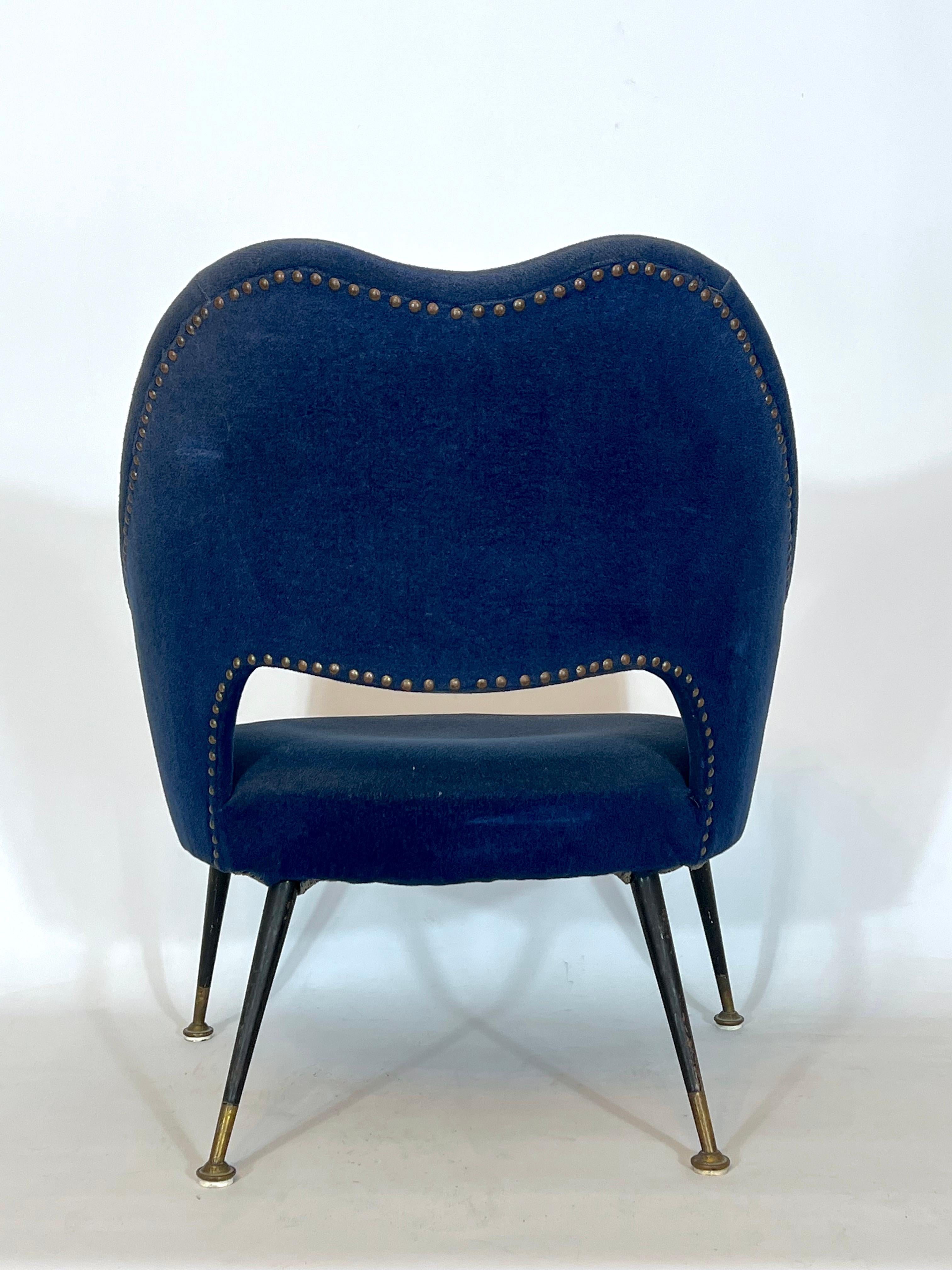 Vintage Italian Blue Fabric and Brass Armchair from 50s For Sale 3
