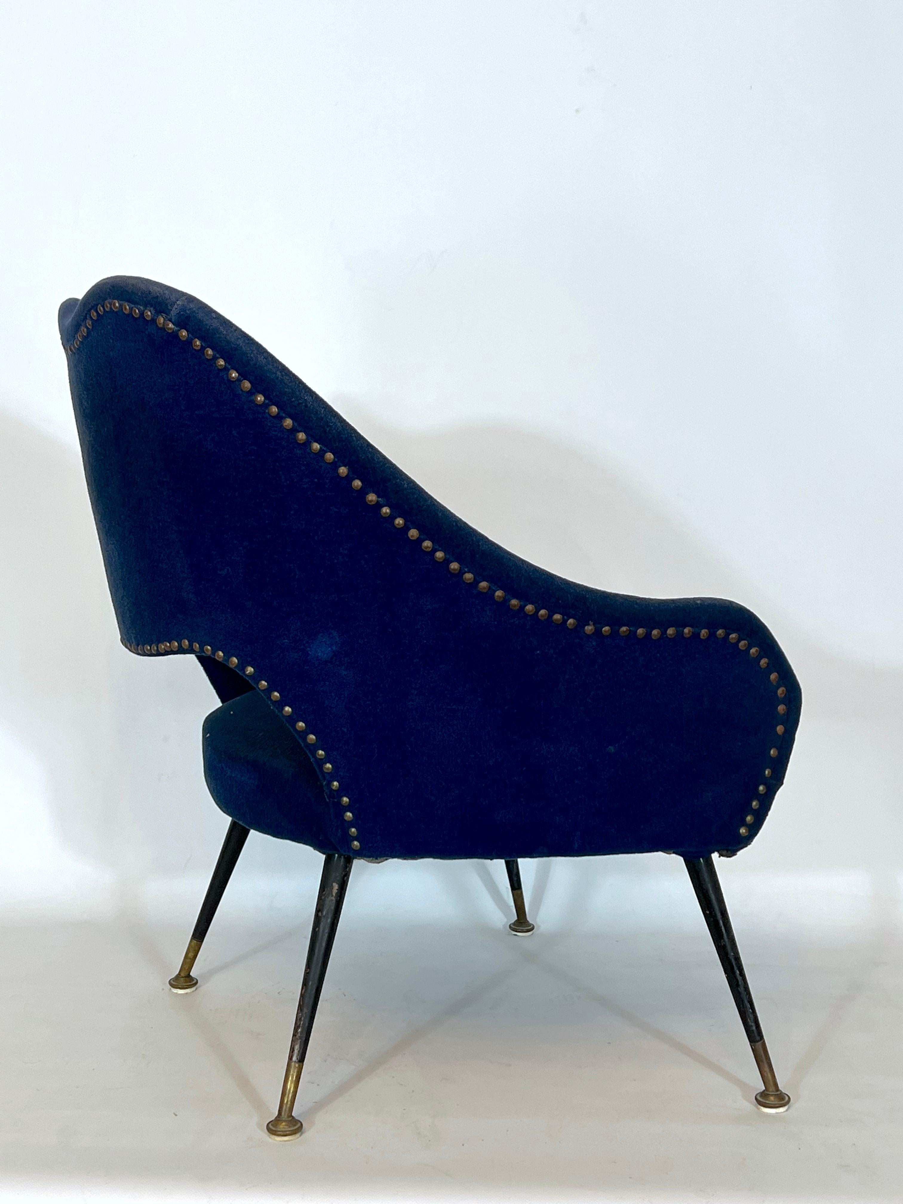 Vintage Italian Blue Fabric and Brass Armchair from 50s For Sale 4