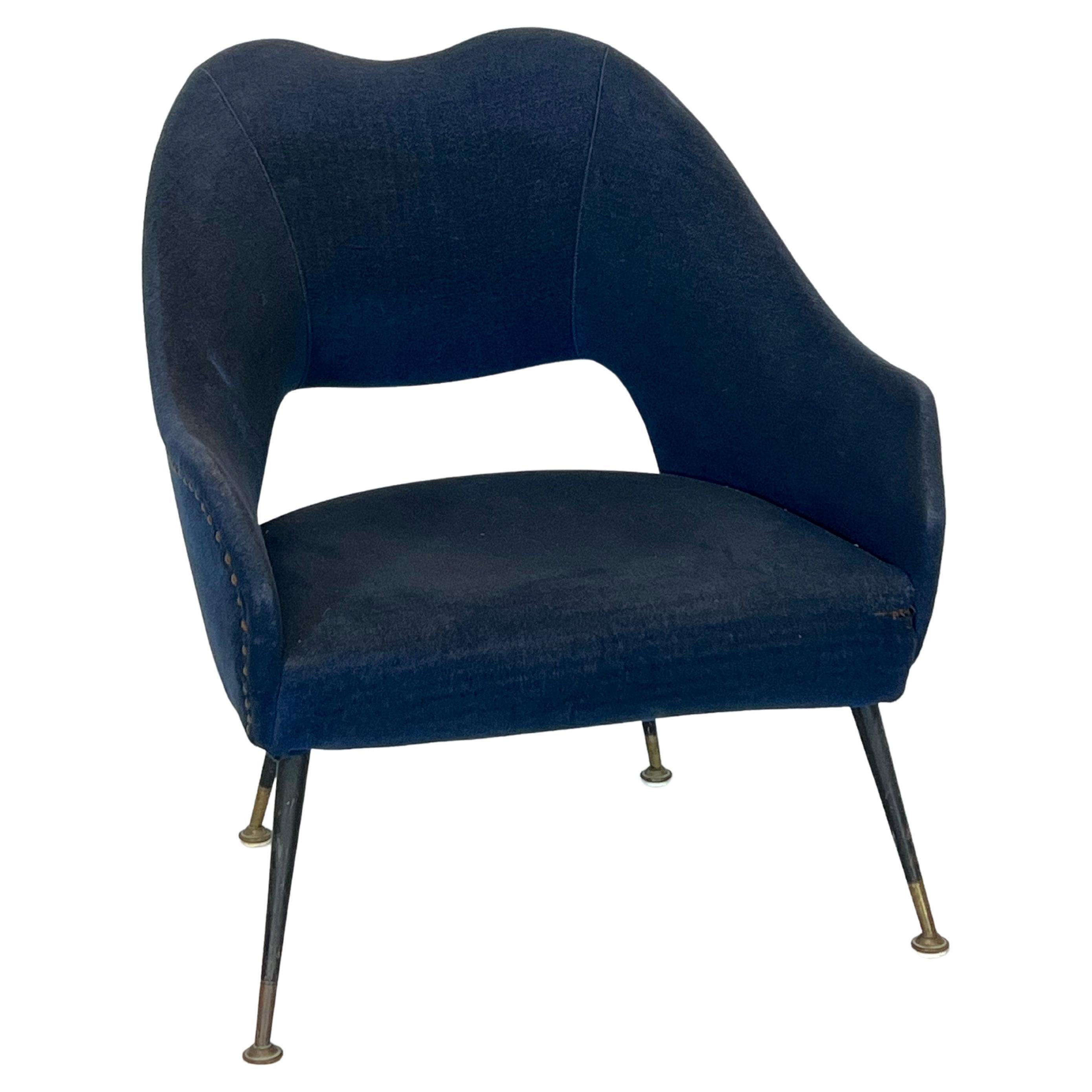 Vintage Italian Blue Fabric and Brass Armchair from 50s For Sale