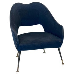 Vintage Italian Blue Fabric and Brass Armchair from 50s