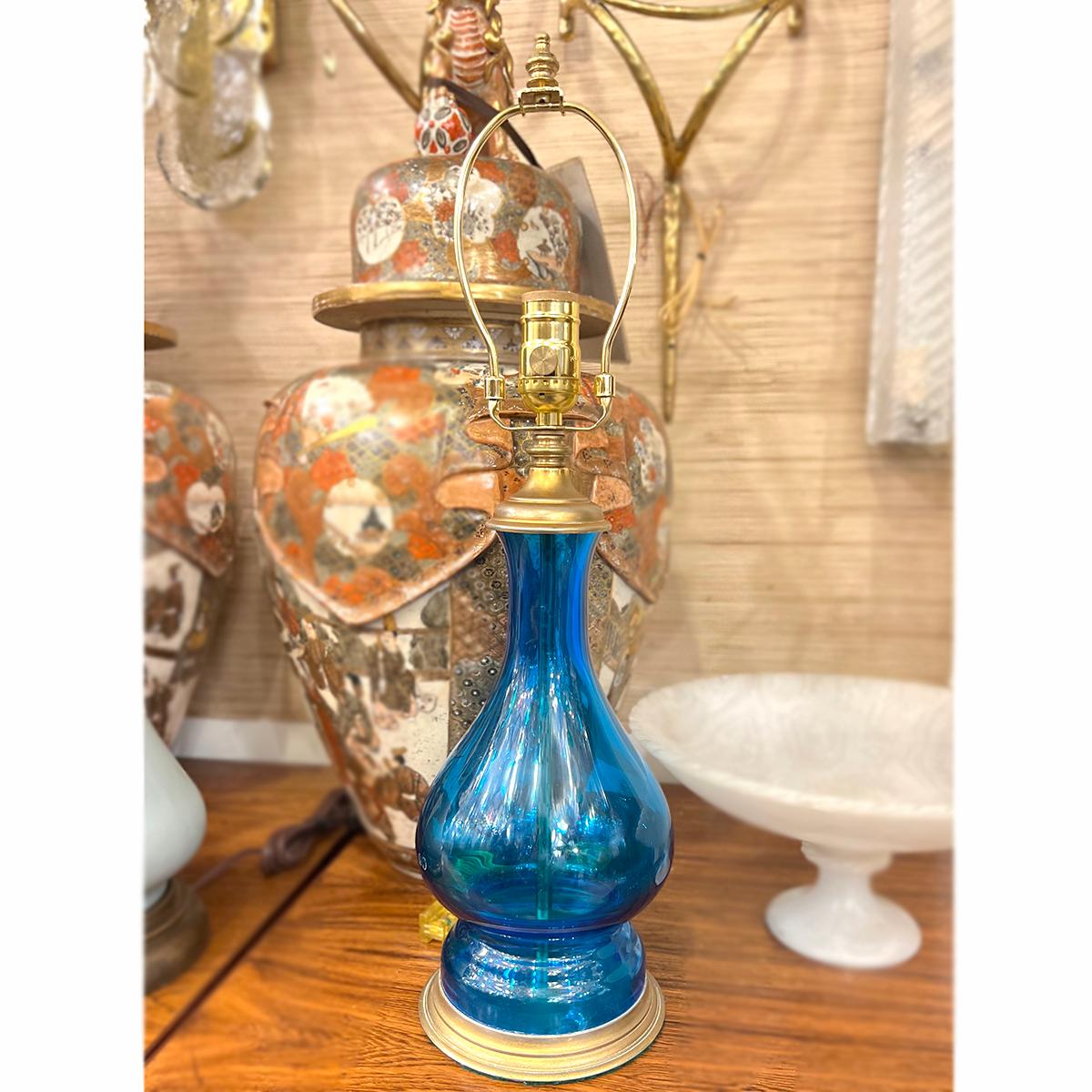 Brass Vintage Italian Blue Glass Lamp For Sale