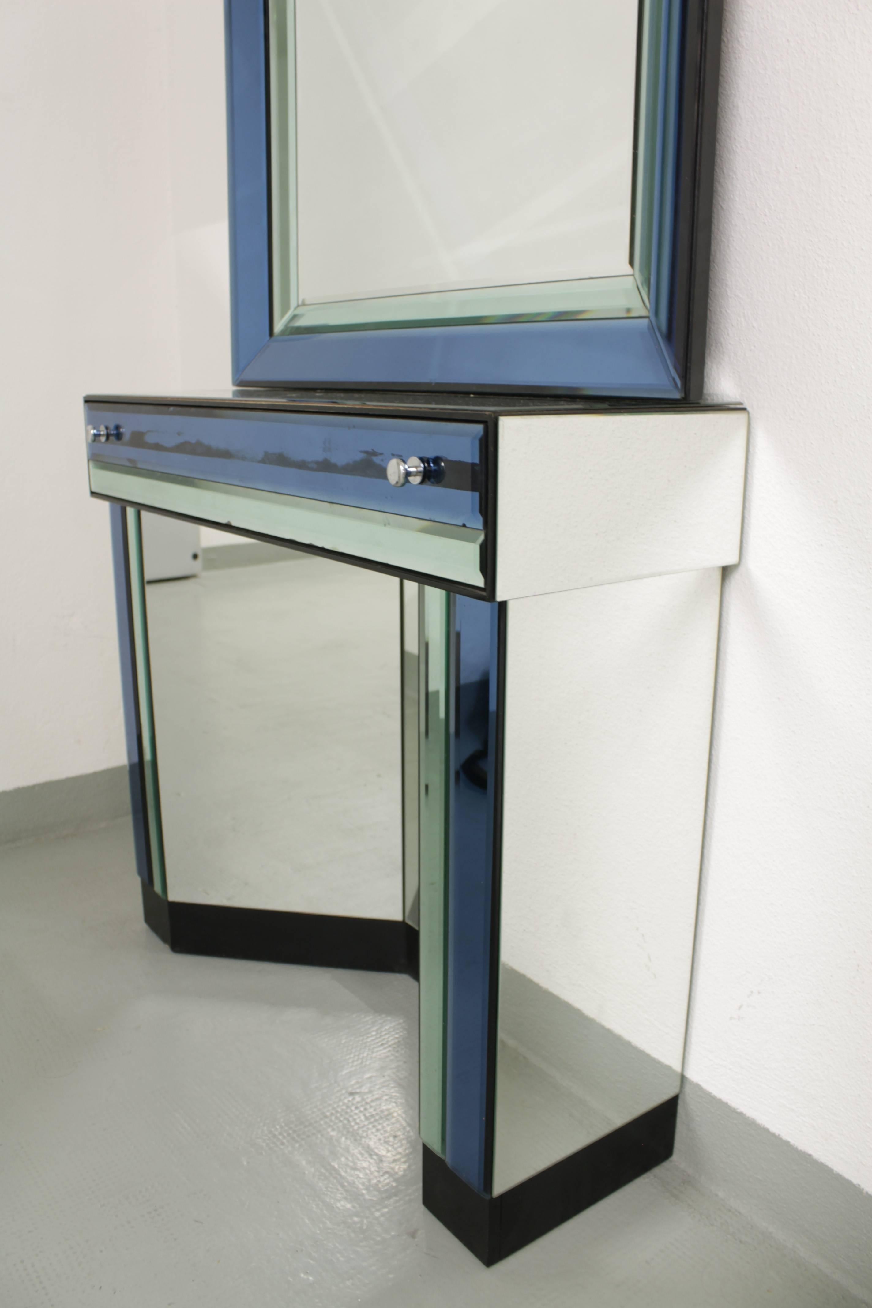 Late 20th Century Vintage Italian Blue Glass Mirror and Console For Sale