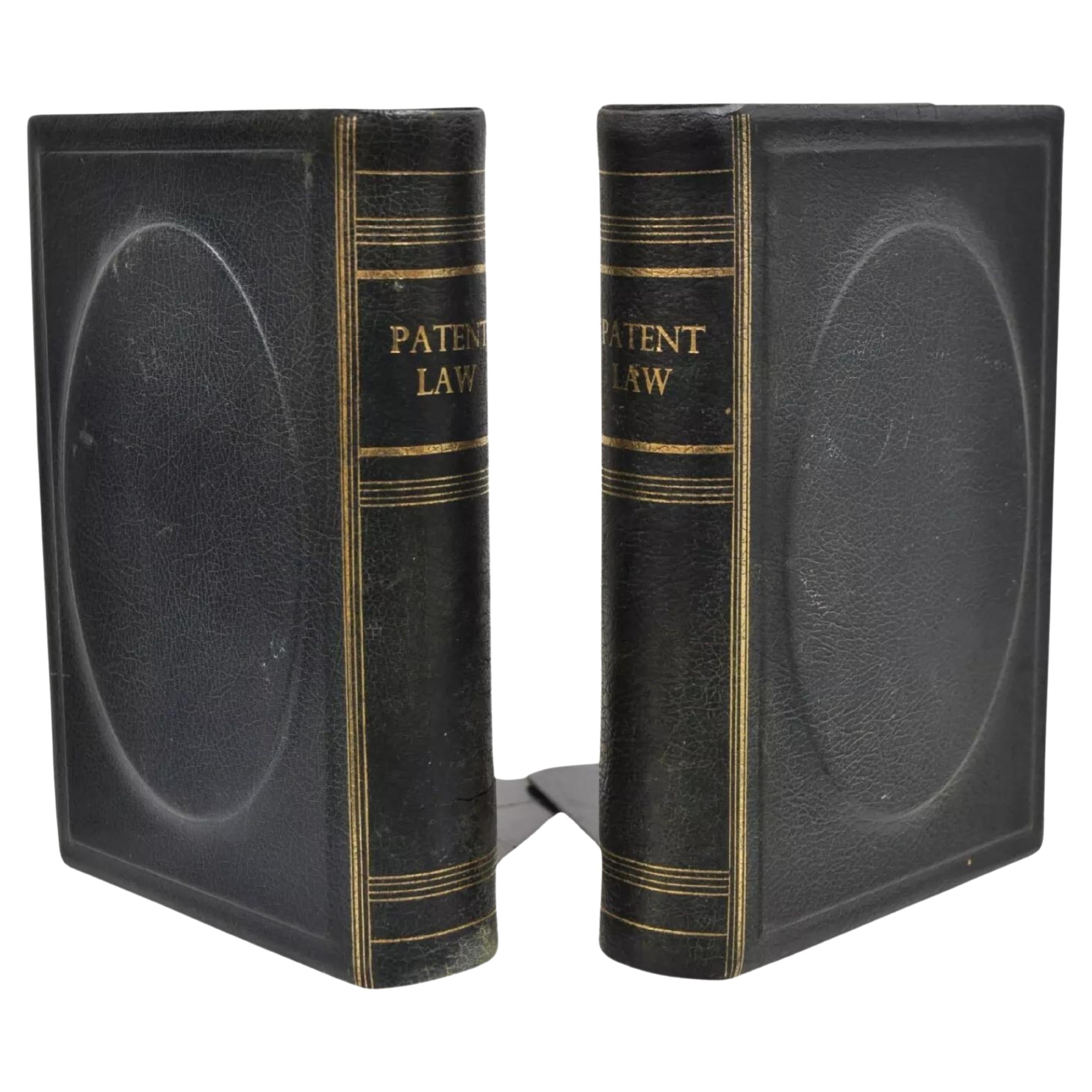 Vintage Italian Blue Leather Bound "Patent Law" Faux Book Bookends (A) - Pair For Sale