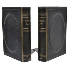 Used Italian Blue Leather Bound "Patent Law" Faux Book Bookends (A) - Pair