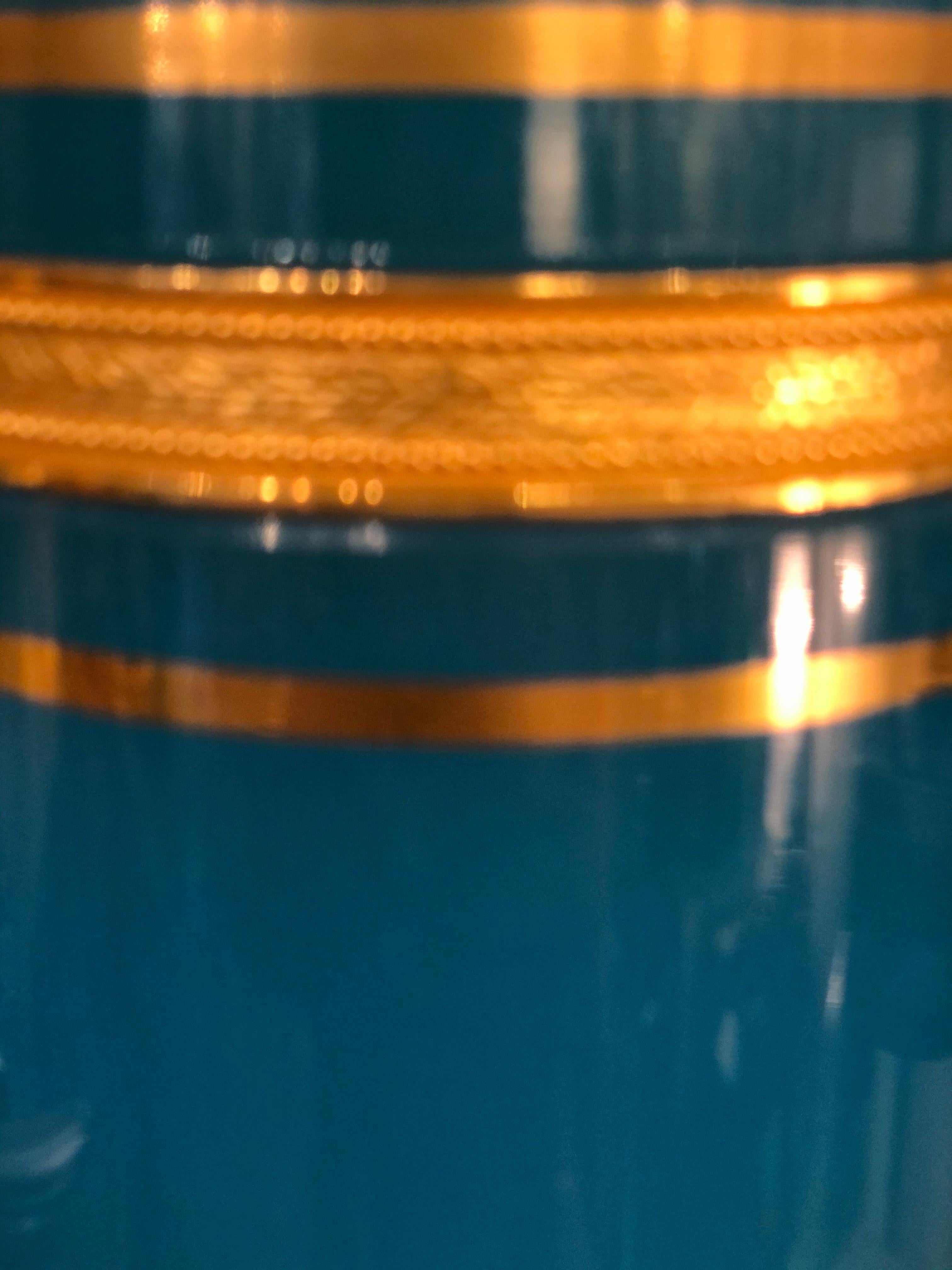 Mid-20th century Italian aqua blue opaline glass cylinder dresser box having bands of ormolu trim. Most likely Cenedese.