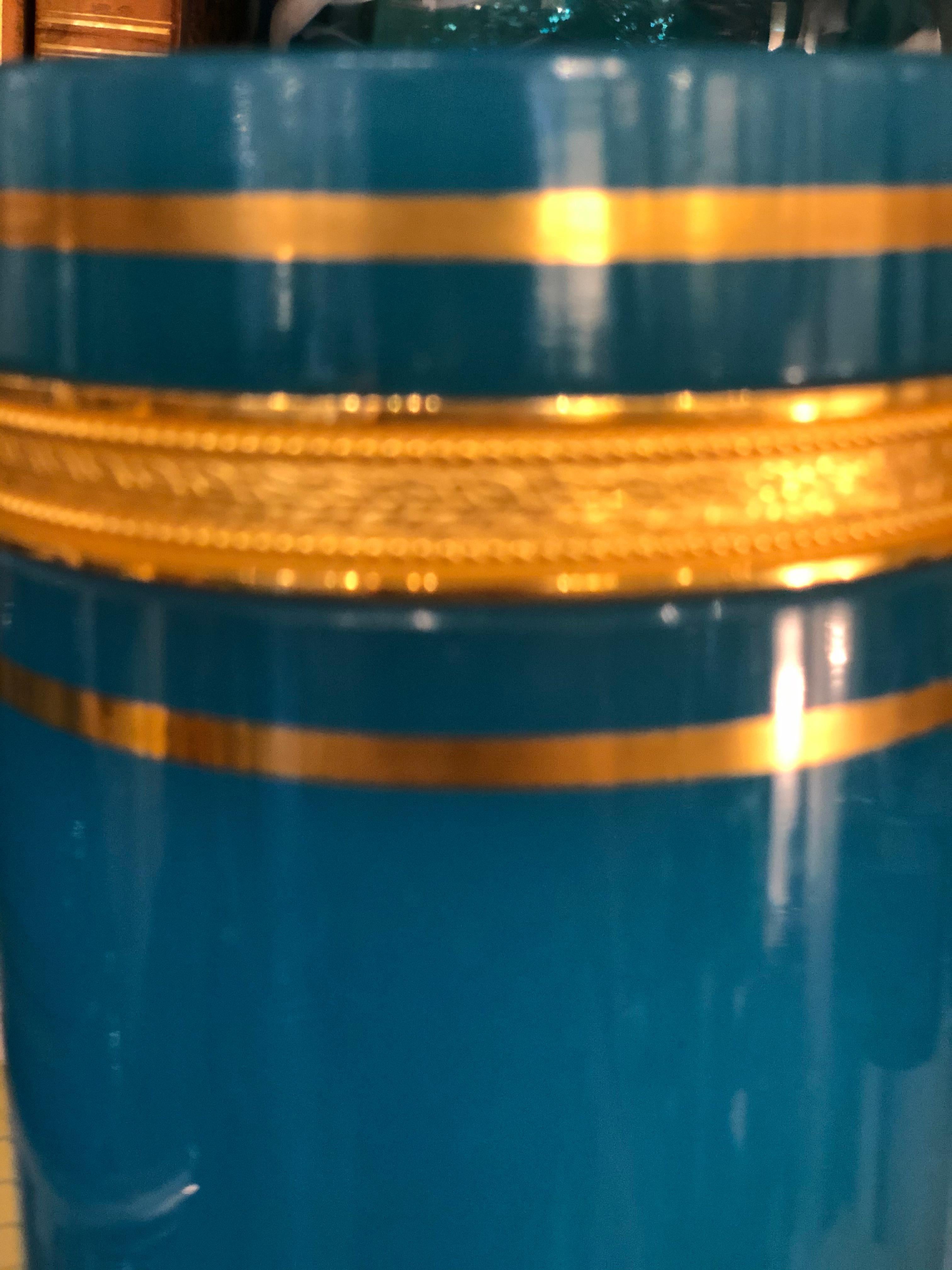 Mid-Century Modern Vintage Italian Blue Opaline Glass Cylinder Dresser Box Having Gilt Trim