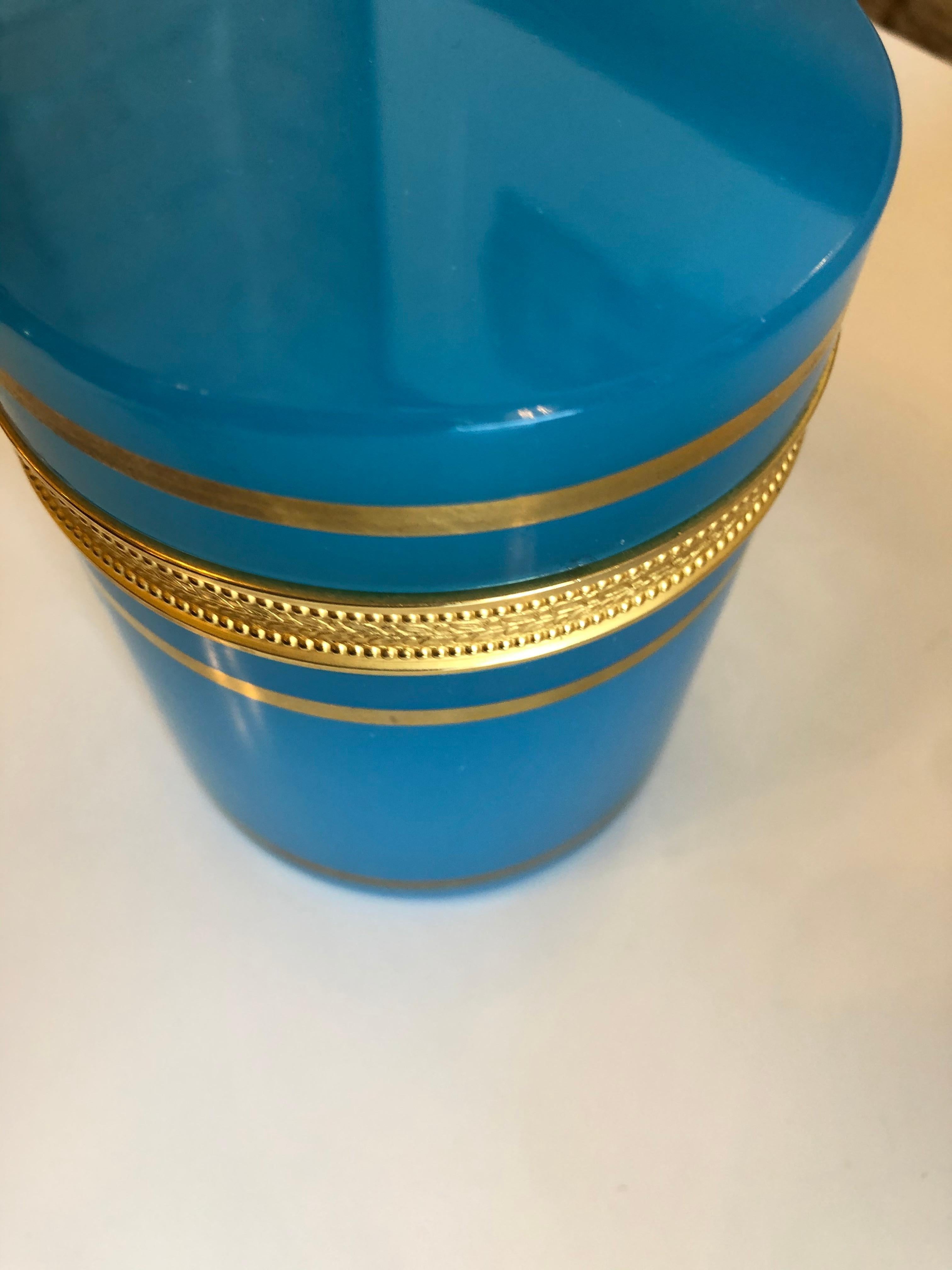 20th Century Vintage Italian Blue Opaline Glass Cylinder Dresser Box Having Gilt Trim