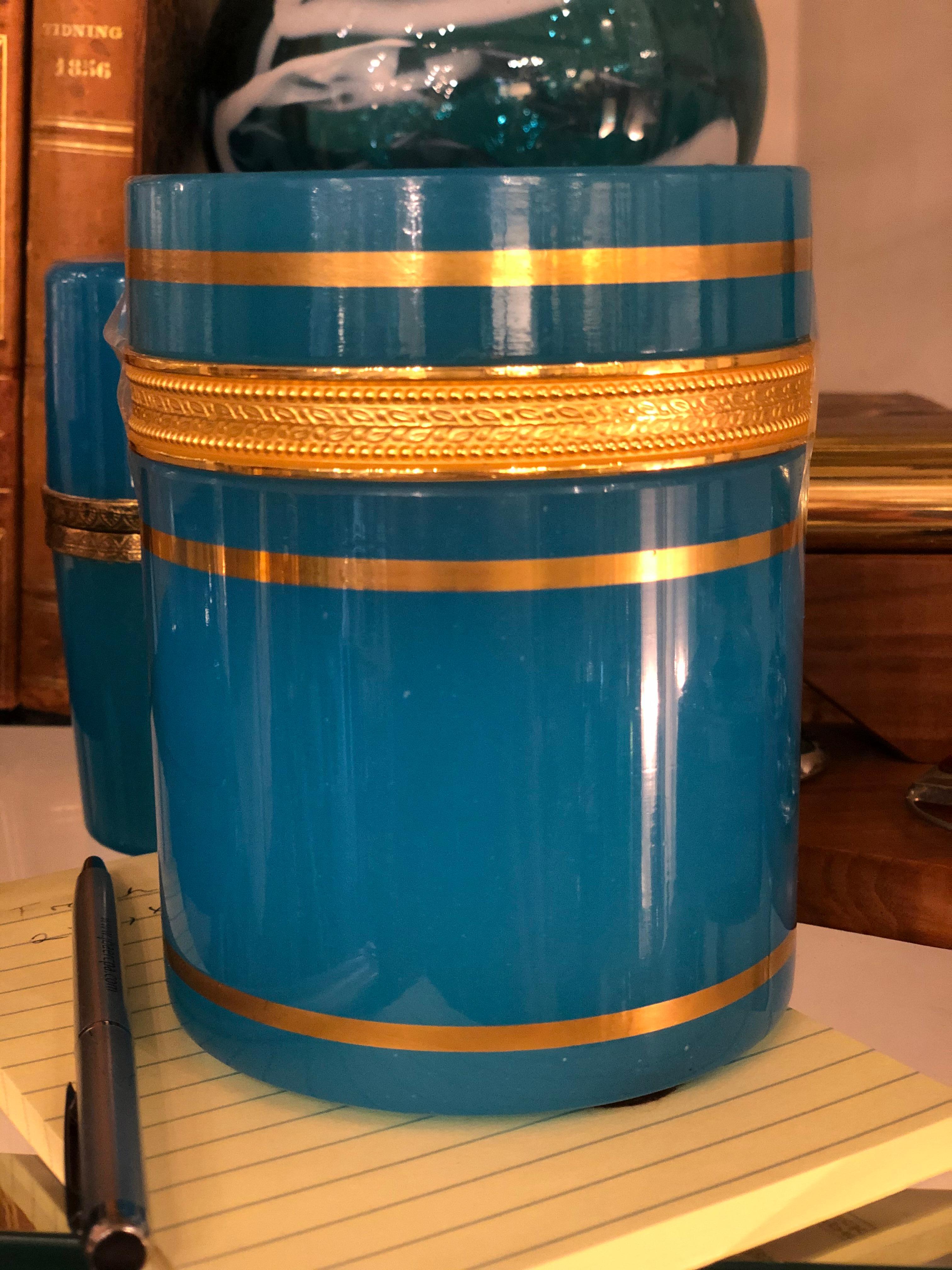 Vintage Italian Blue Opaline Glass Cylinder Dresser Box Having Gilt Trim 1