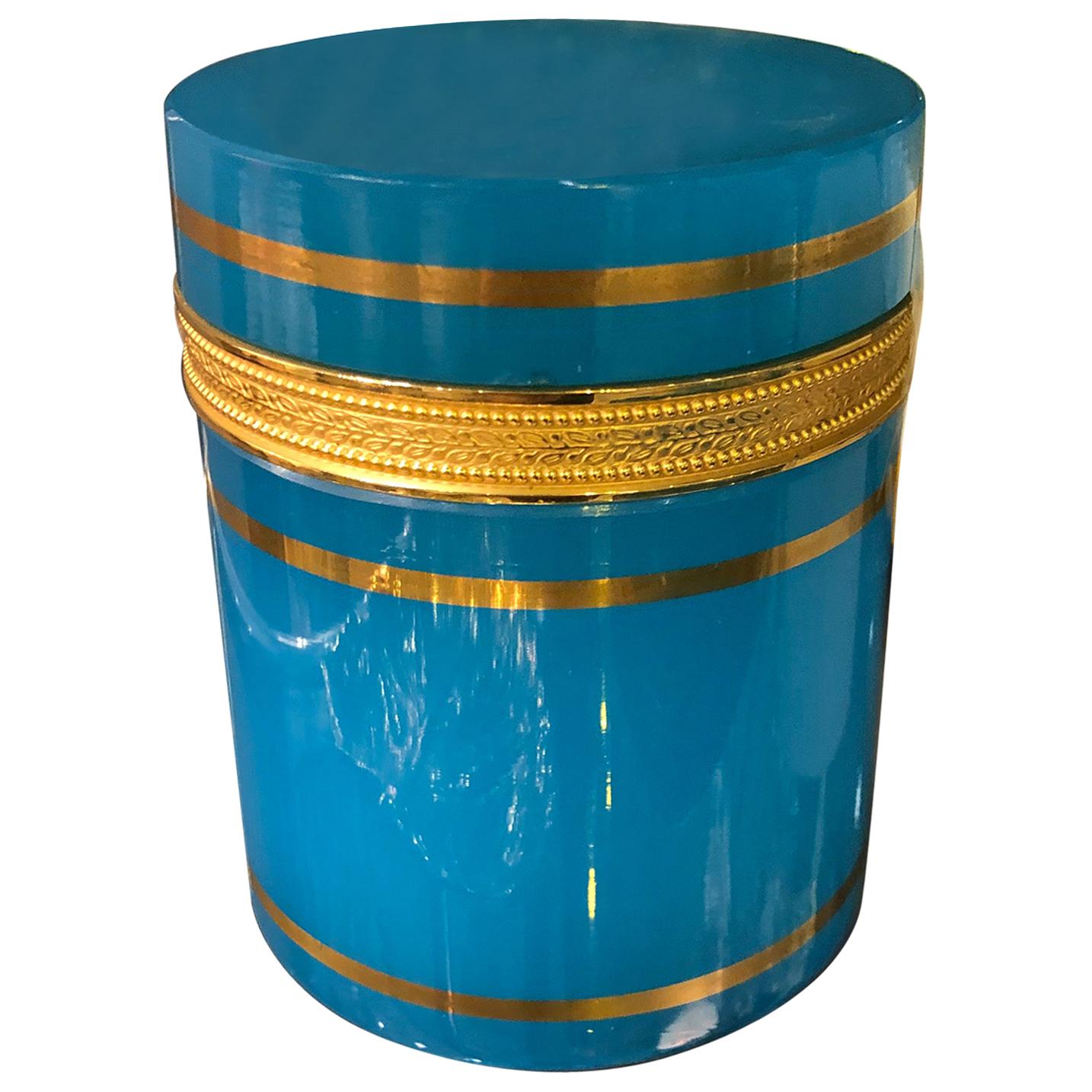 Vintage Italian Blue Opaline Glass Cylinder Dresser Box Having Gilt Trim