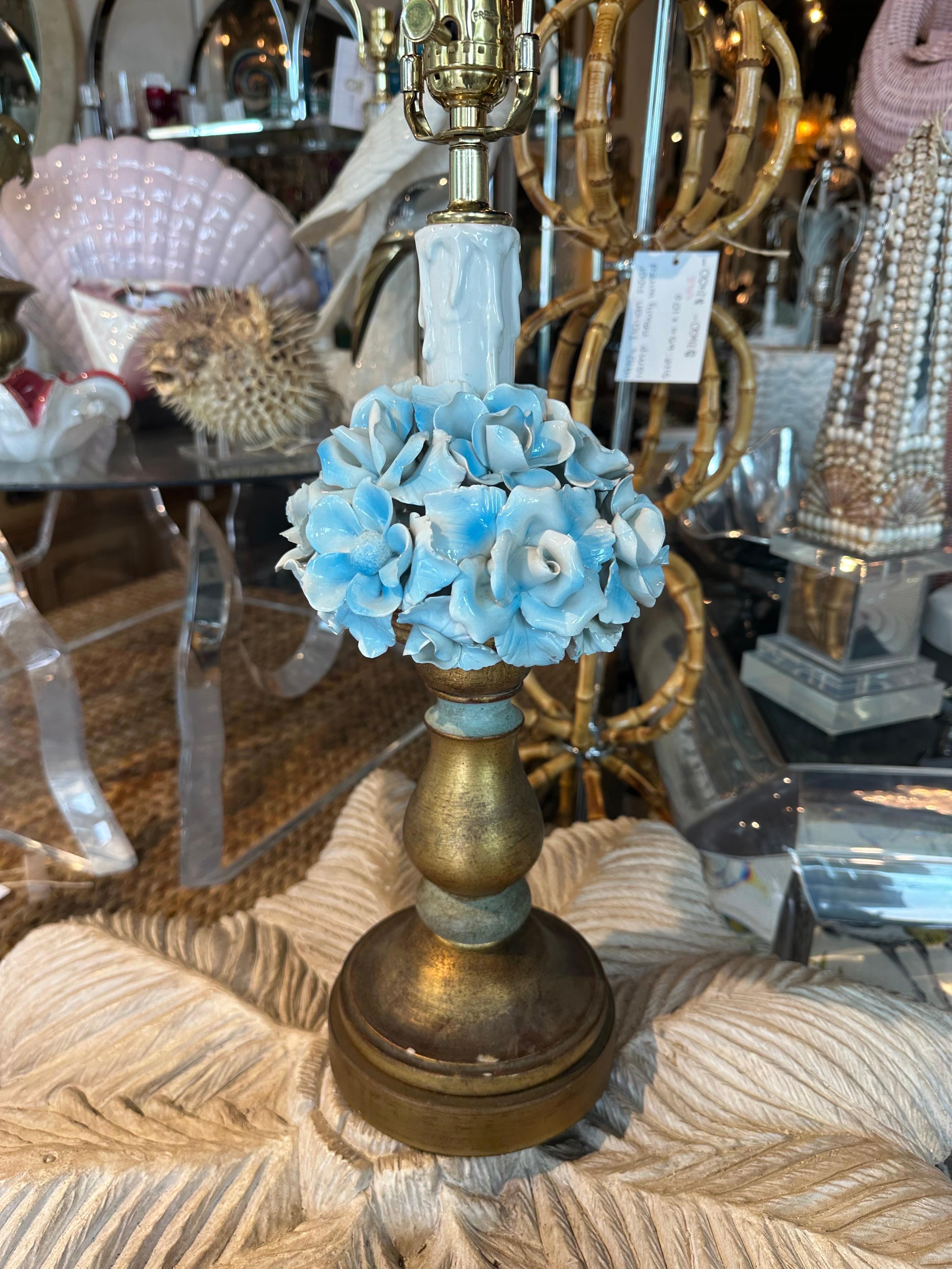 Beautiful vintage Italian wood & porcelain blue rose table lamp. This has been newly wired with 3 way brass sockets, clear cord. Dimensions: 26 H (to top of brass final) x 20 H (to top of lamp socket) x 8 D, 