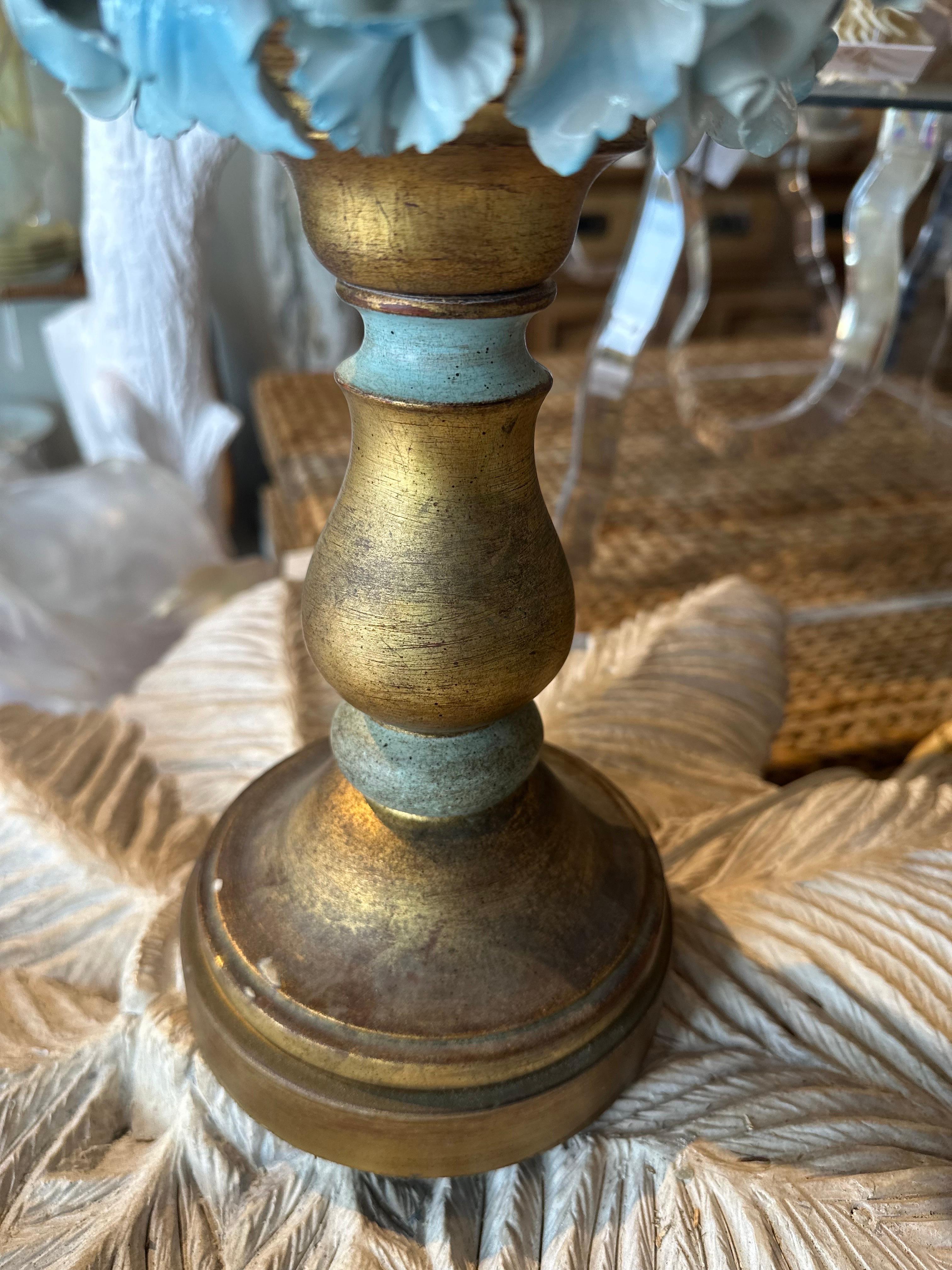 Wood Vintage Italian Blue Porcelain Rose Table Lamp Painted Tole  For Sale
