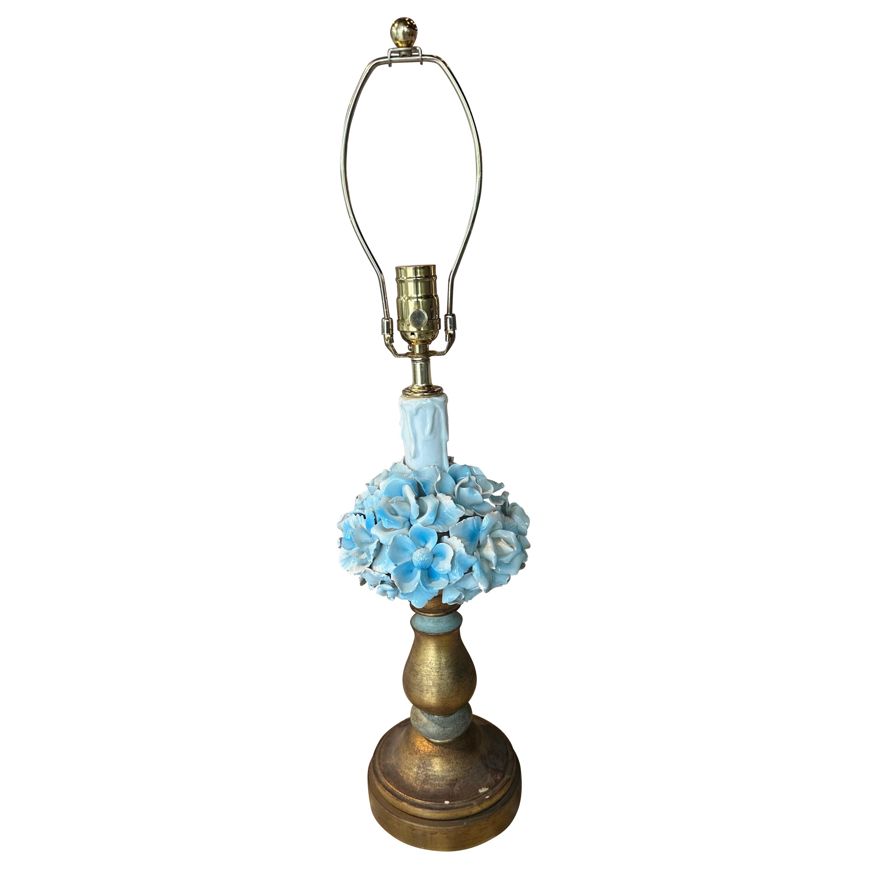 Vintage Italian Blue Porcelain Rose Table Lamp Painted Tole