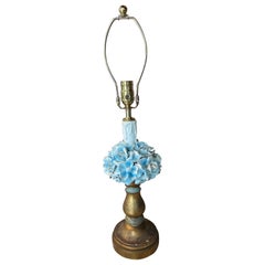 Vintage Italian Blue Porcelain Rose Table Lamp Painted Tole