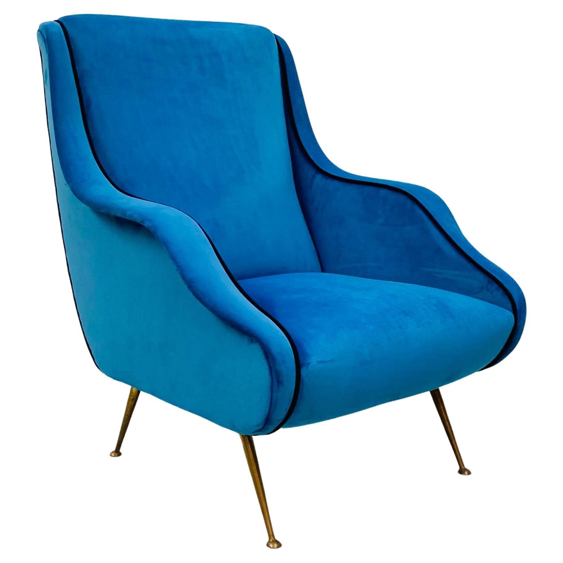 Vintage Italian Blue Velvet Armchair with Brass Legs by Carlo de Carli, 1950s