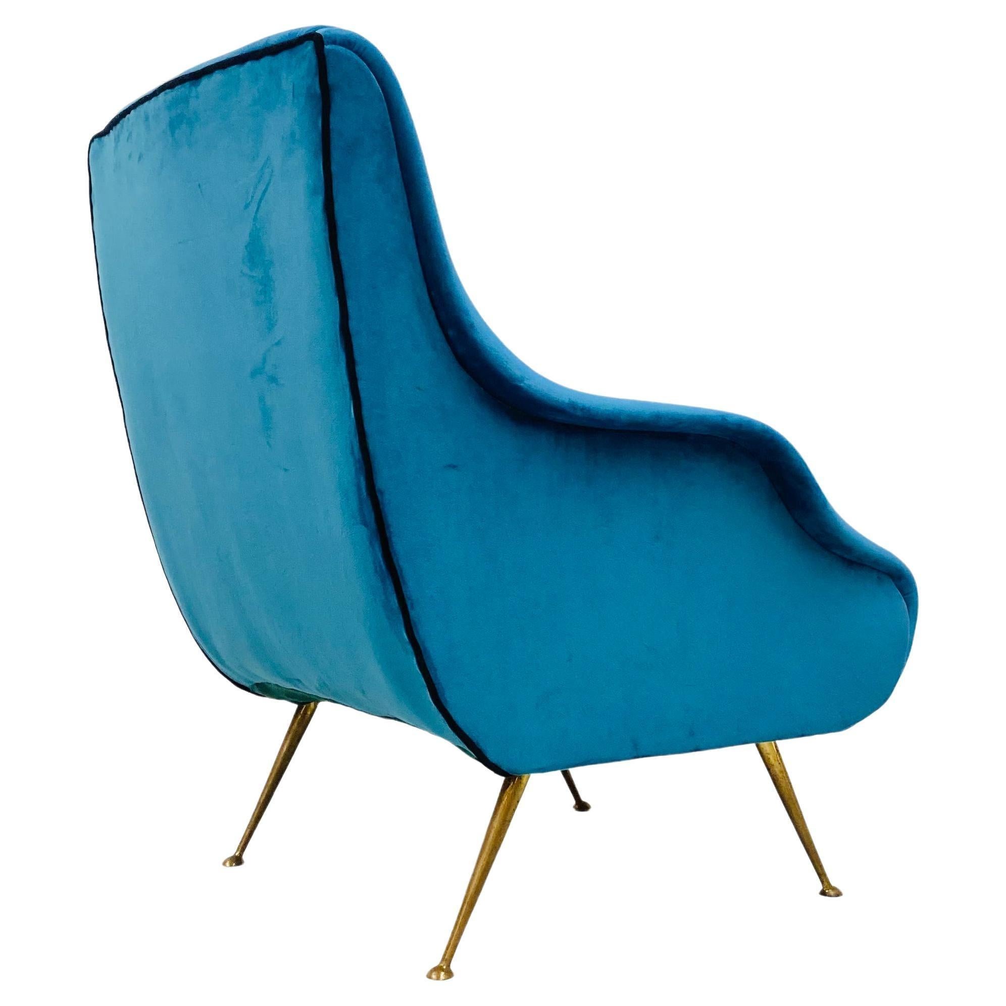 Vintage Italian Blue Velvet Armchair with Brass Legs by Carlo de Carli, 1950s For Sale 8