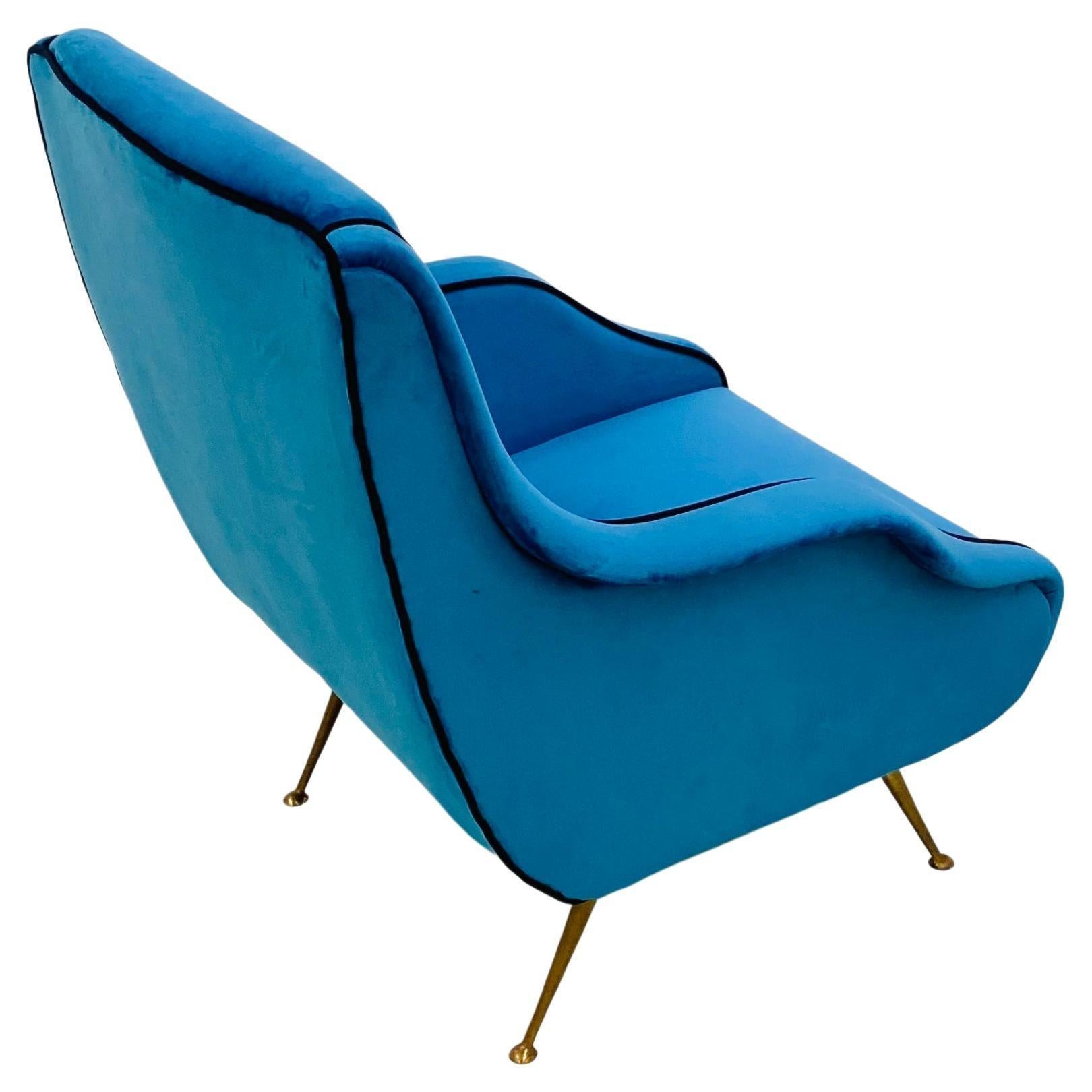 Vintage Italian Blue Velvet Armchair with Brass Legs by Carlo de Carli, 1950s For Sale 9