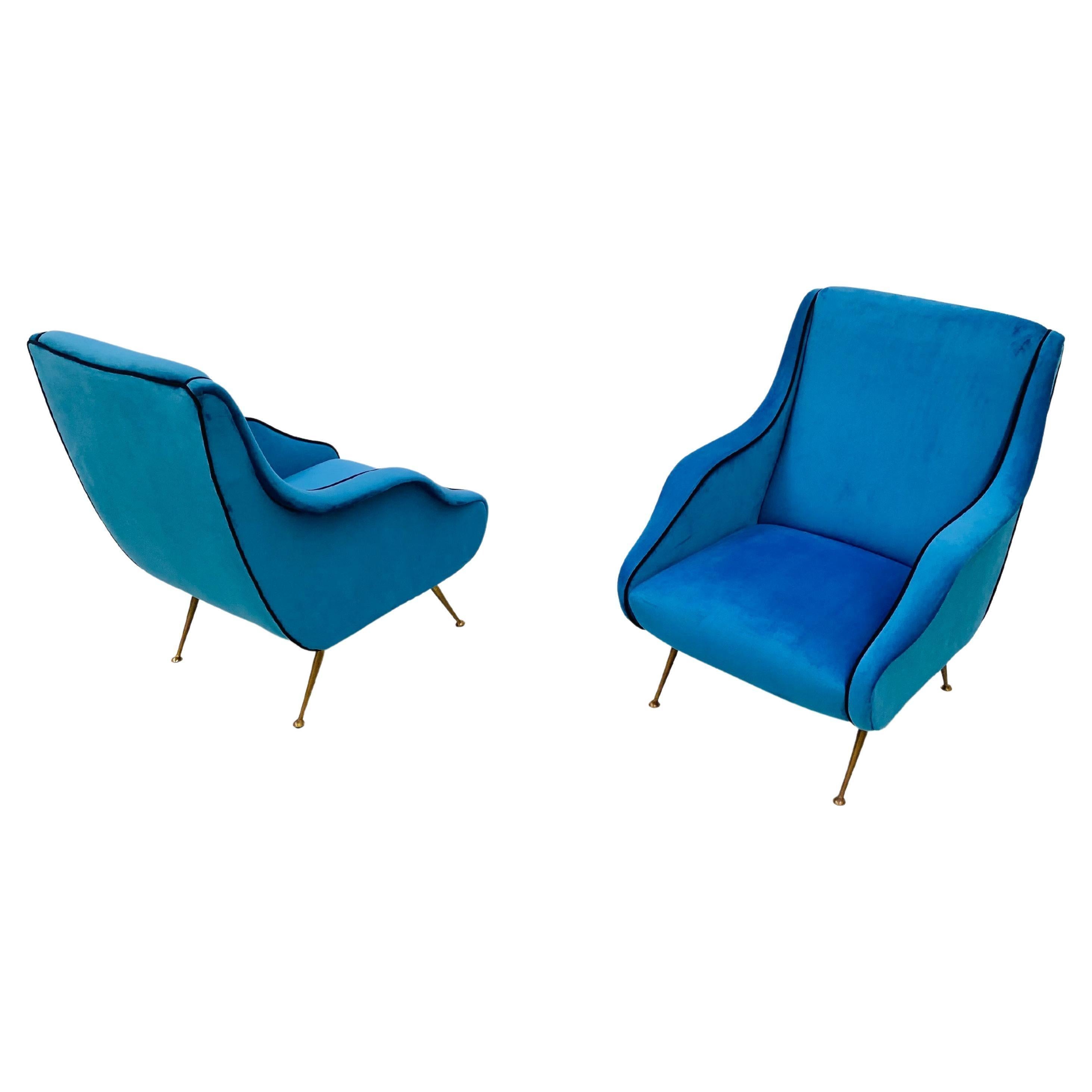 Vintage Italian Blue Velvet Armchair with Brass Legs by Carlo De Carli