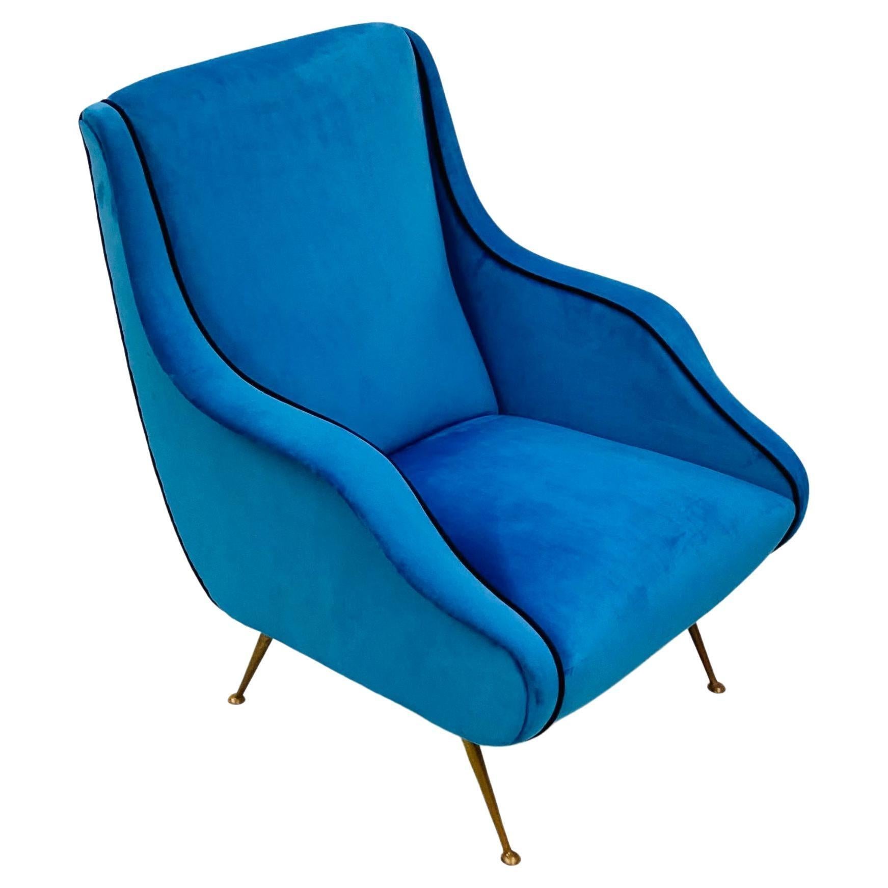 Mid-Century Modern Vintage Italian Blue Velvet Armchair with Brass Legs by Carlo de Carli, 1950s For Sale