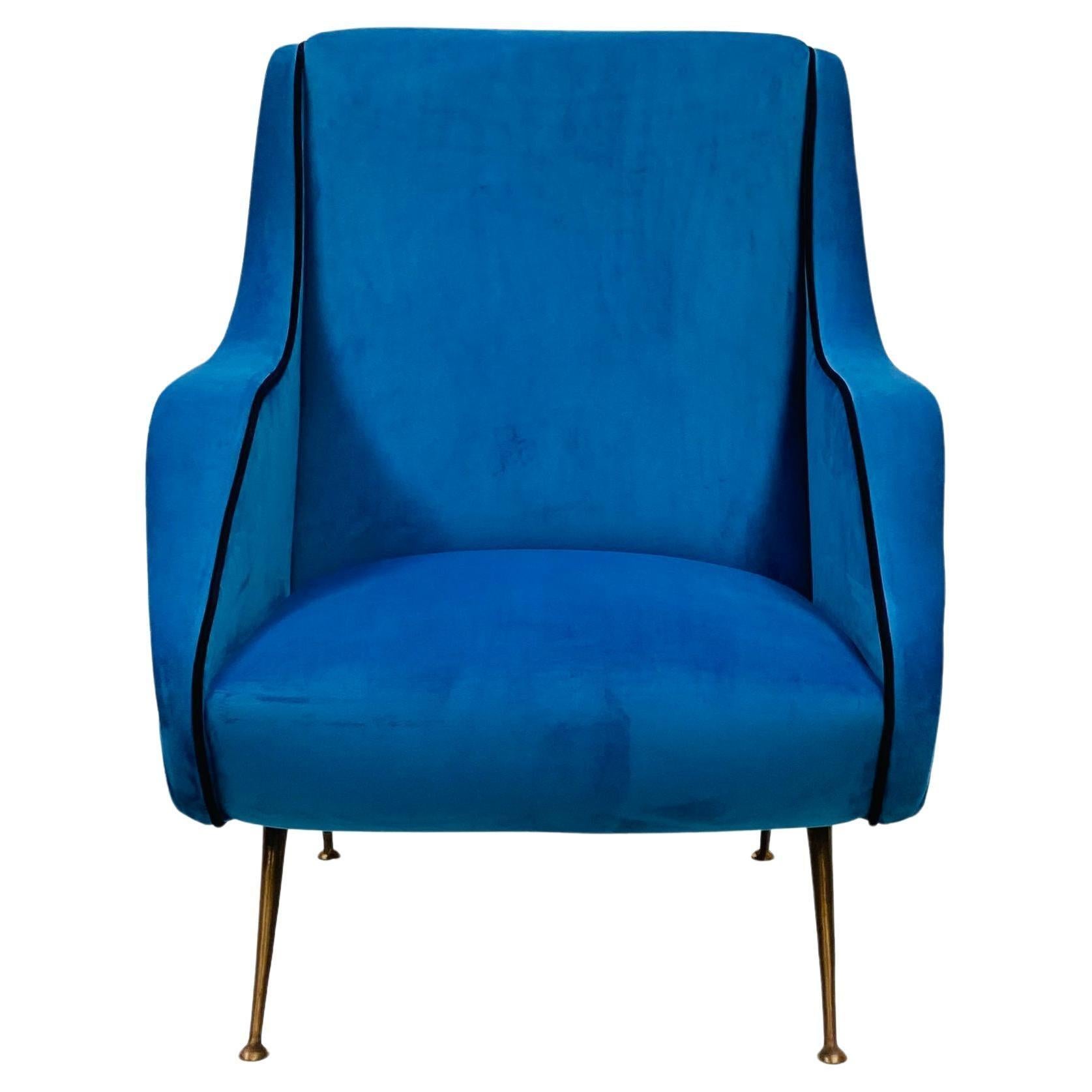 20th Century Vintage Italian Blue Velvet Armchair with Brass Legs by Carlo de Carli, 1950s For Sale