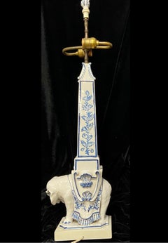 Vintage Italian Blue & White Elephant Obelisk Table Lamp