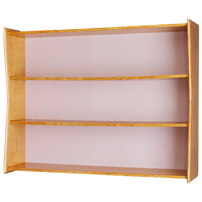 Vintage Italian Bookshelf in Maple Wood and Pink Textile, Italy, 1950s