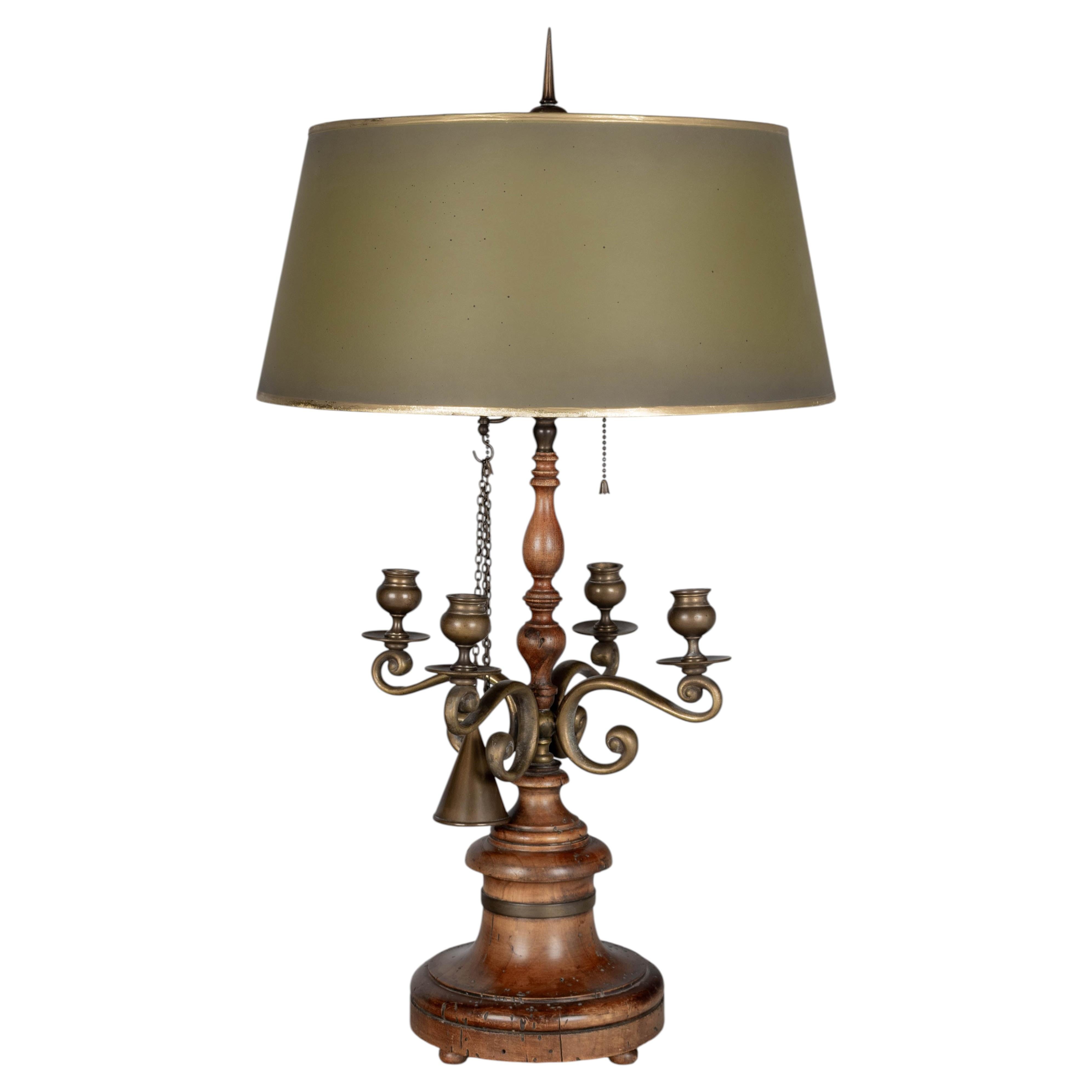 Vintage Italian Bouillotte Lamp by Chapman, Turned Wood & Brass, 1960s