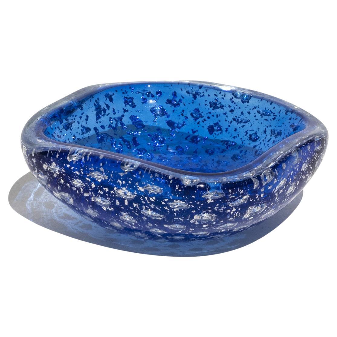 Vintage Italian Bowl from the 60s in Blue Murano Glass with Silver Metal Flakes