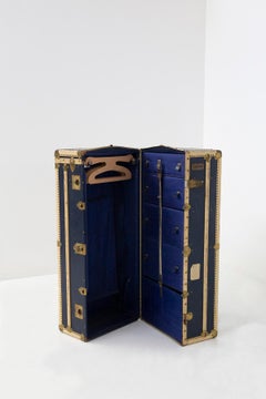 Vintage Italian brass and blue leather travel cabinet by Claudia Mori