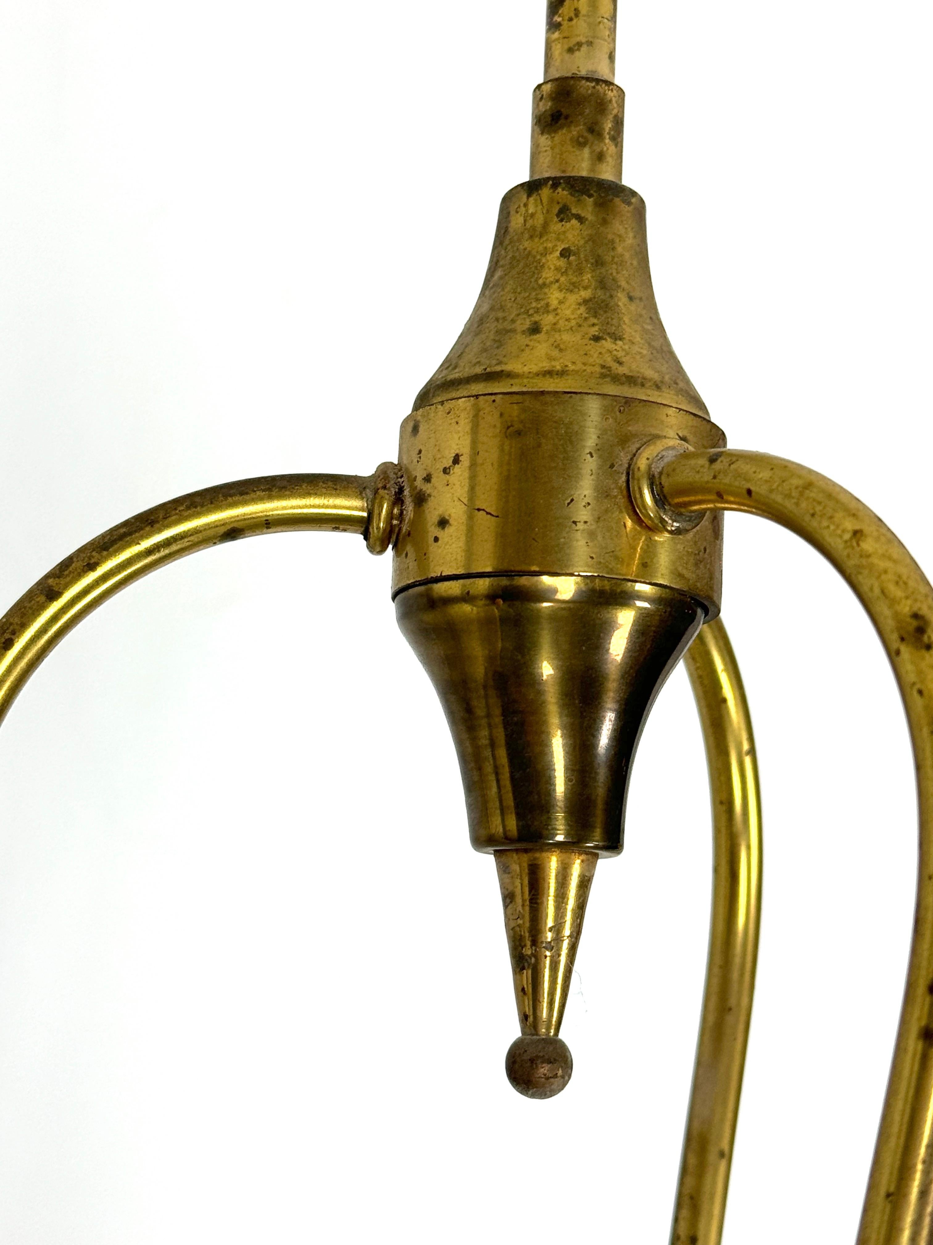 Vintage Italian brass and curved glass chandelier from 1950s For Sale 4