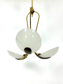 Vintage Italian brass and curved glass chandelier from 1950s