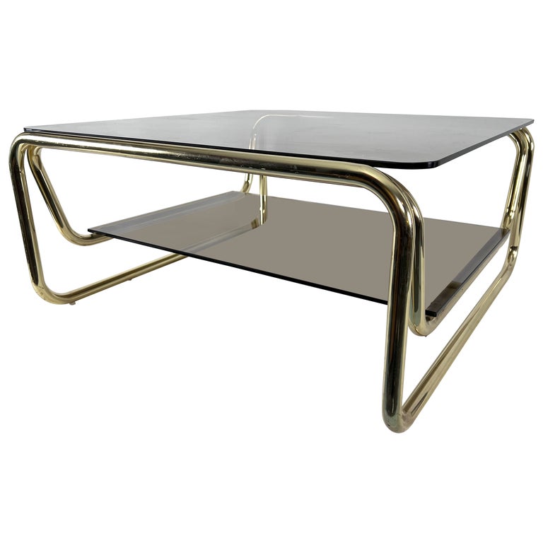Table basse vintage en laiton et verre italien des années 70