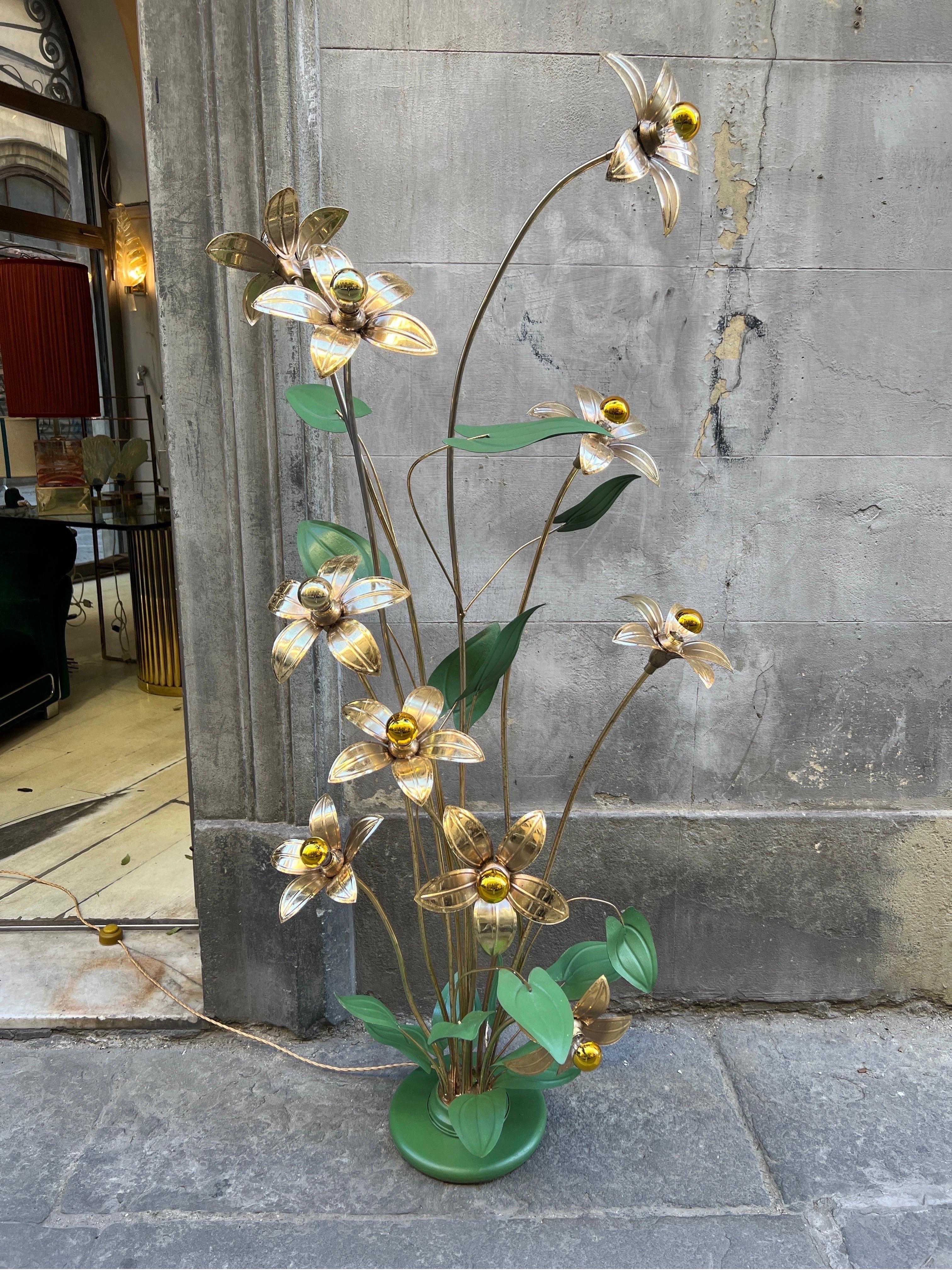 Vintage Italian Brass and Green Lacquered Floral Plant Floor Lamp, 1950s 7