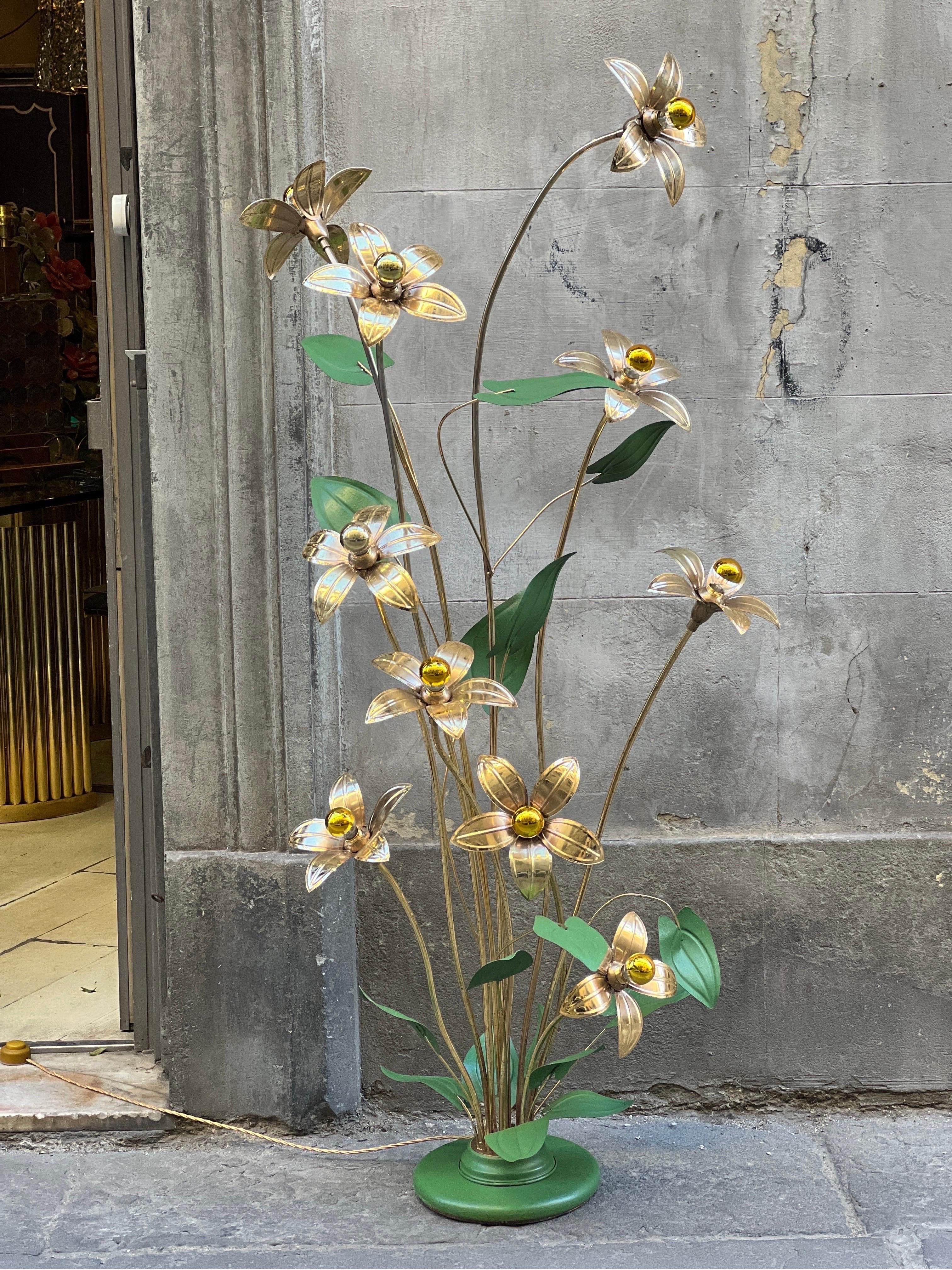 Vintage Italian Brass and Green Lacquered Floral Plant Floor Lamp, 1950s 1