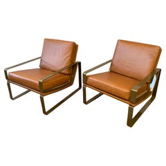 Vintage Italian Brass and Leather Armchairs, Pair