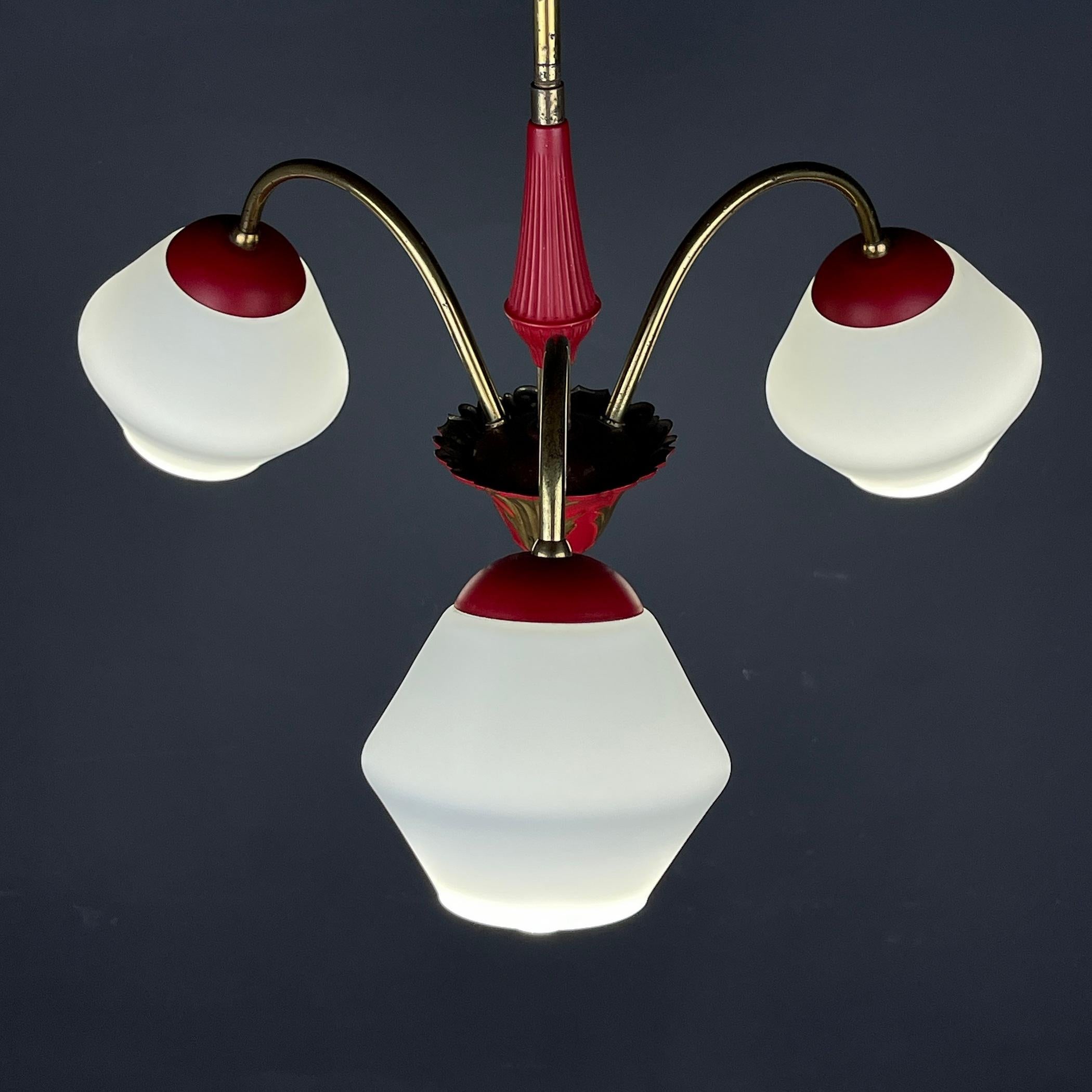 Mid-Century Modern Vintage Italian Brass and Milky Glass 3-Arm Chandelier - 1950s  For Sale