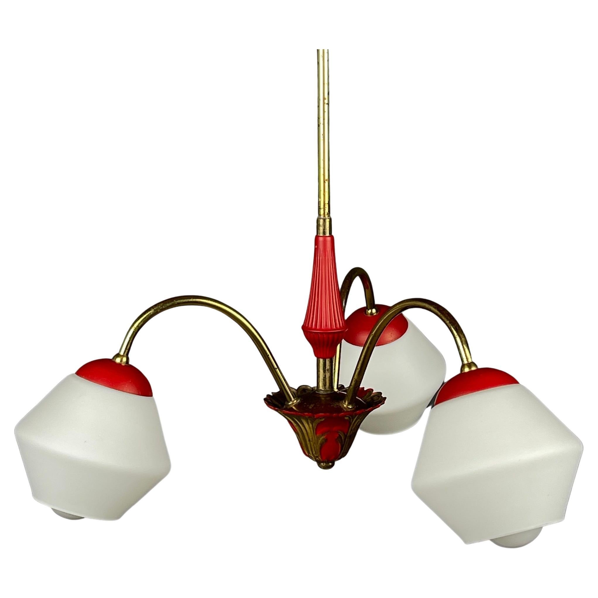 Vintage Italian Brass and Milky Glass 3-Arm Chandelier - 1950s
