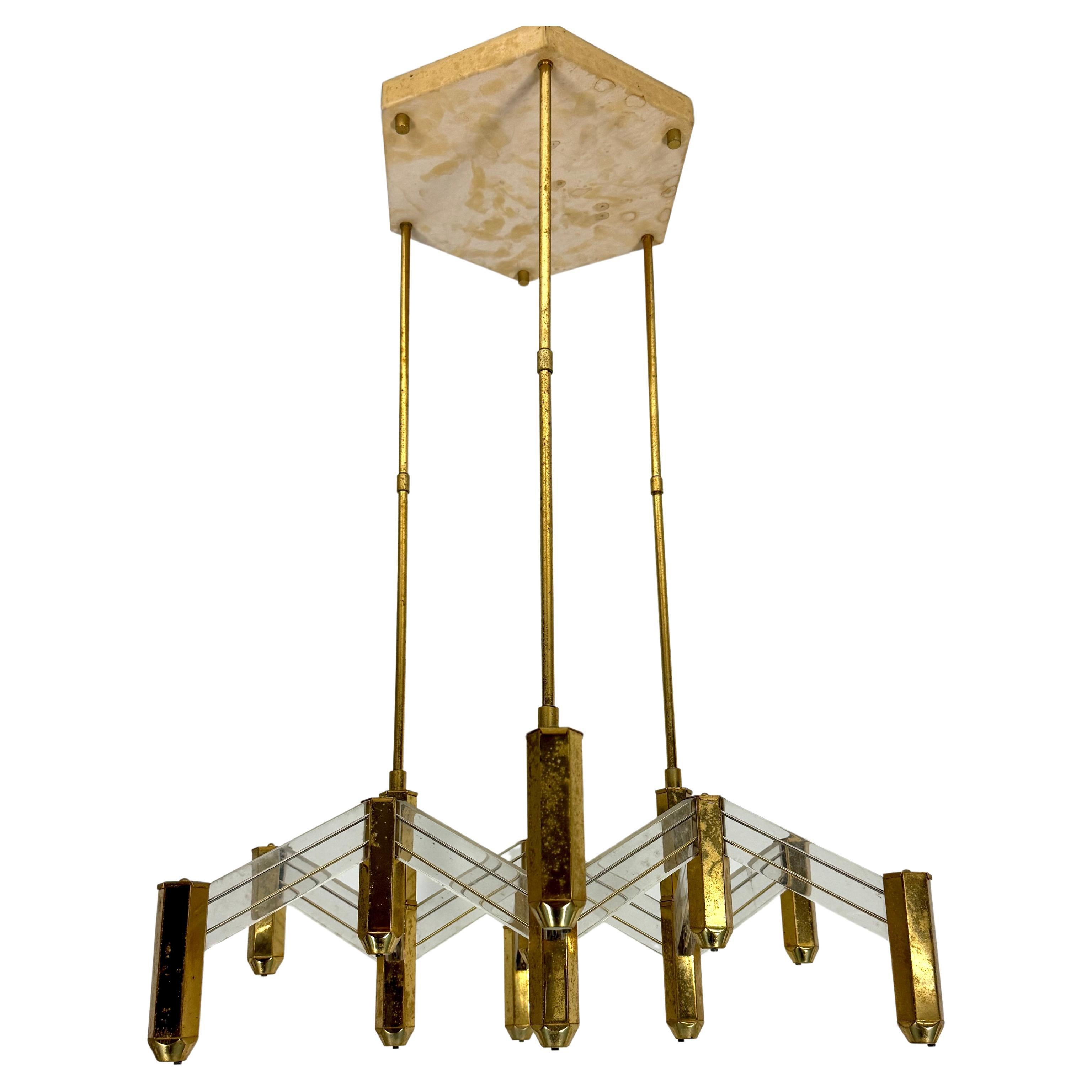 Vintage Italian brass and perspex chandelier by Zeroquattro from 70s