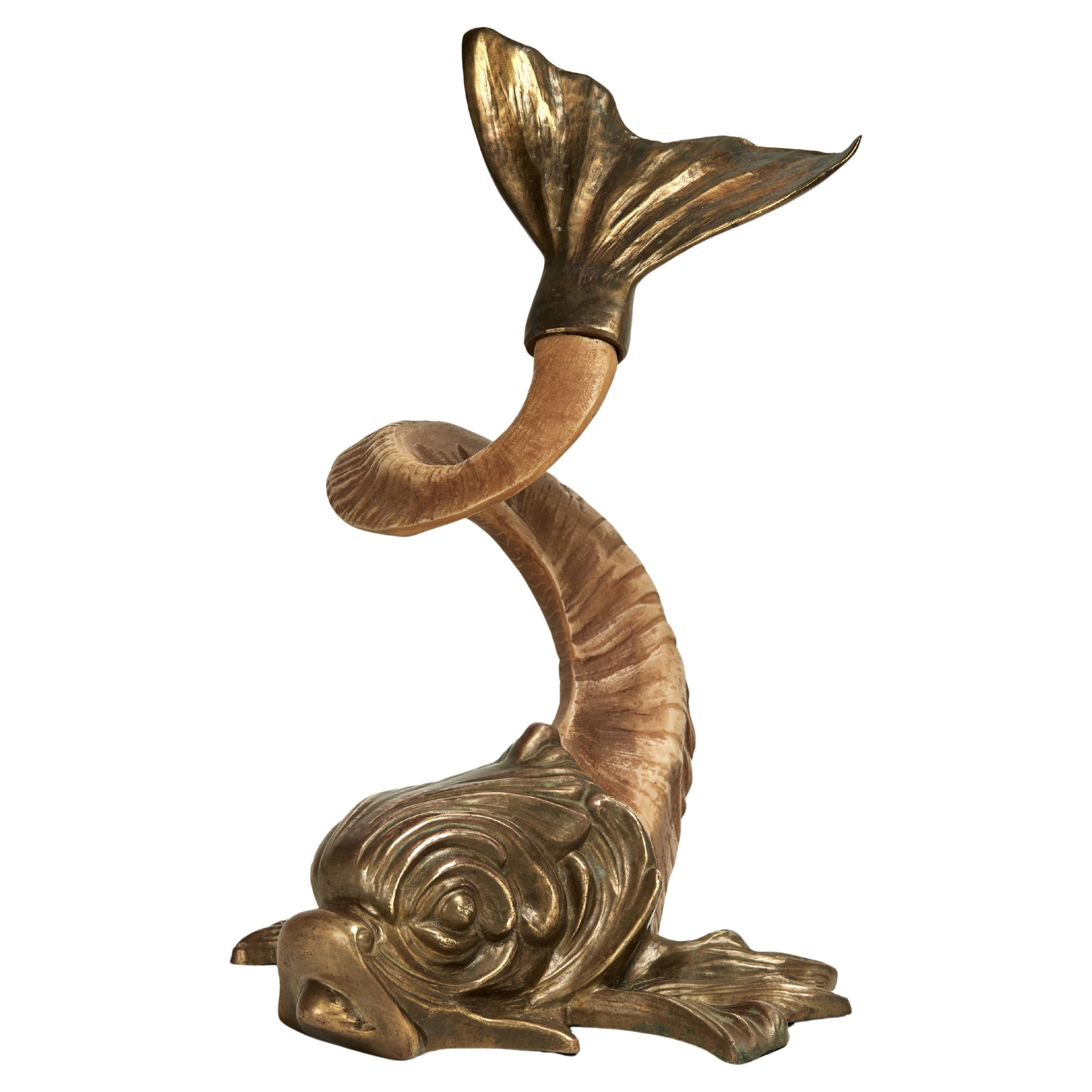Vintage Italienisch Messing und Widder Horn Delphin Skulptur
