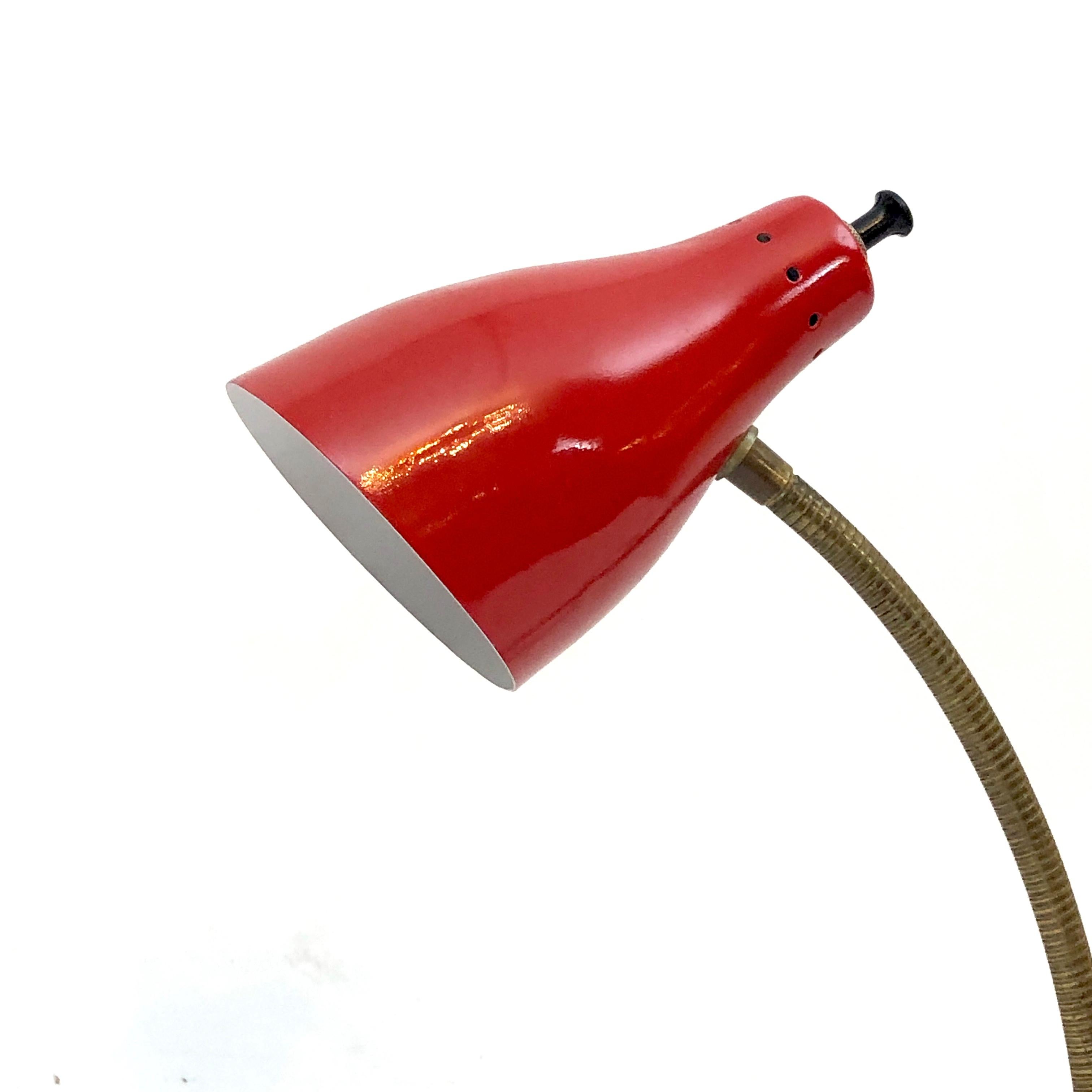 20th Century Vintage Italian Brass and Red Lacquer Flexible Table Lamp from 50s For Sale