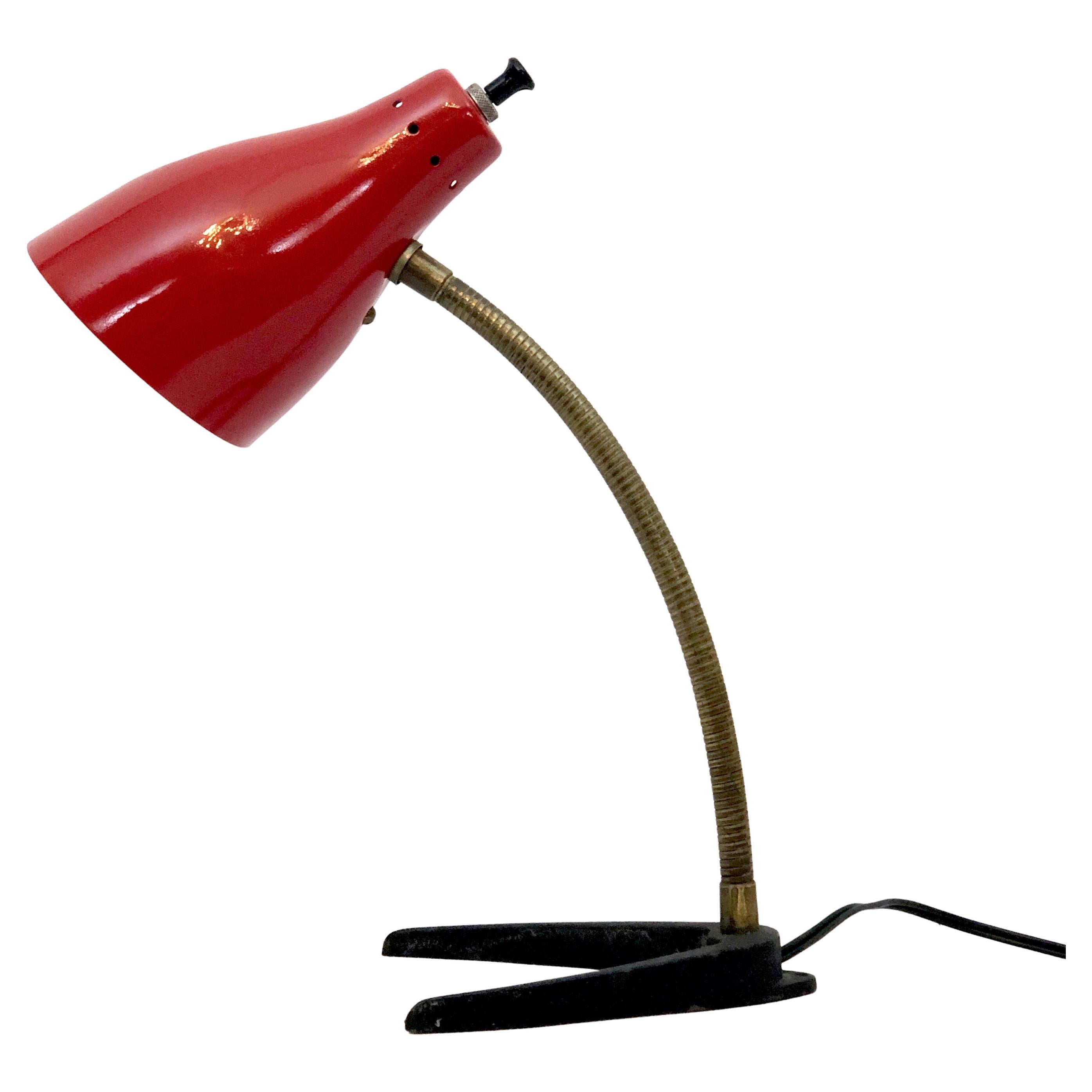 Vintage Italian Brass and Red Lacquer Flexible Table Lamp from 50s For Sale