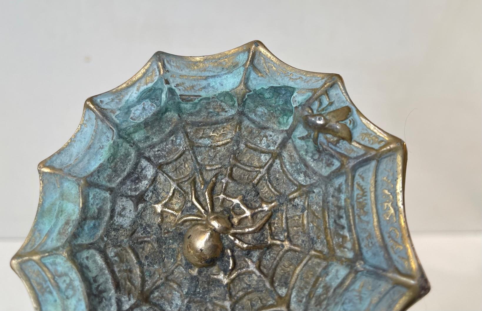 Mid-Century Modern Vintage Italian Brass Ashtray with Spider, Web and Fly