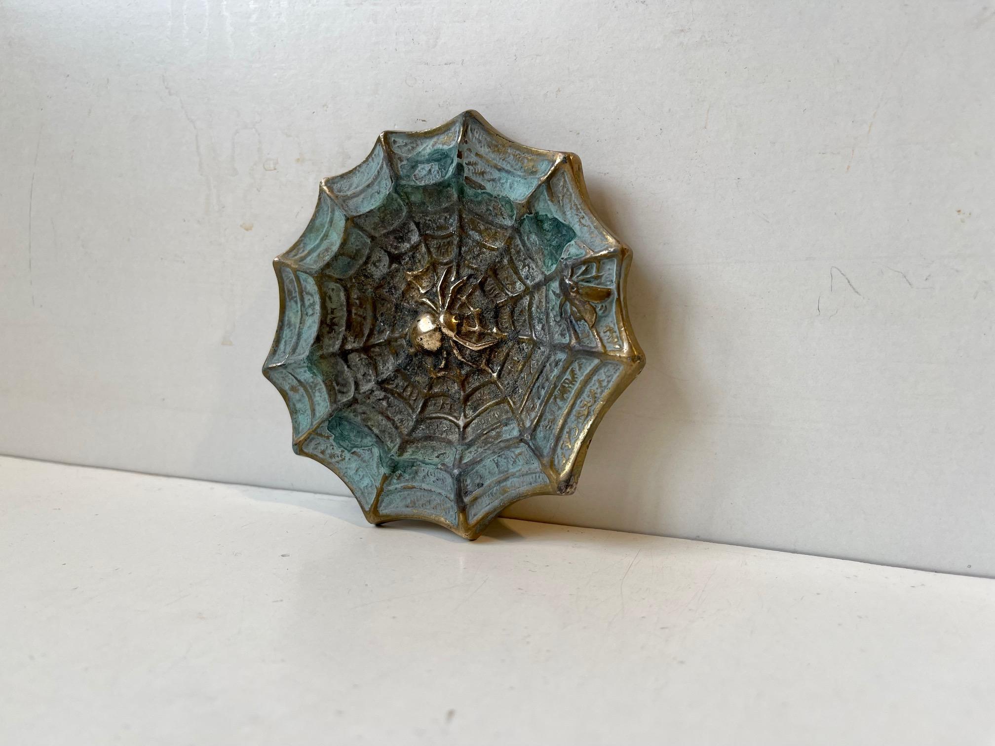 Patinated Vintage Italian Brass Ashtray with Spider, Web and Fly