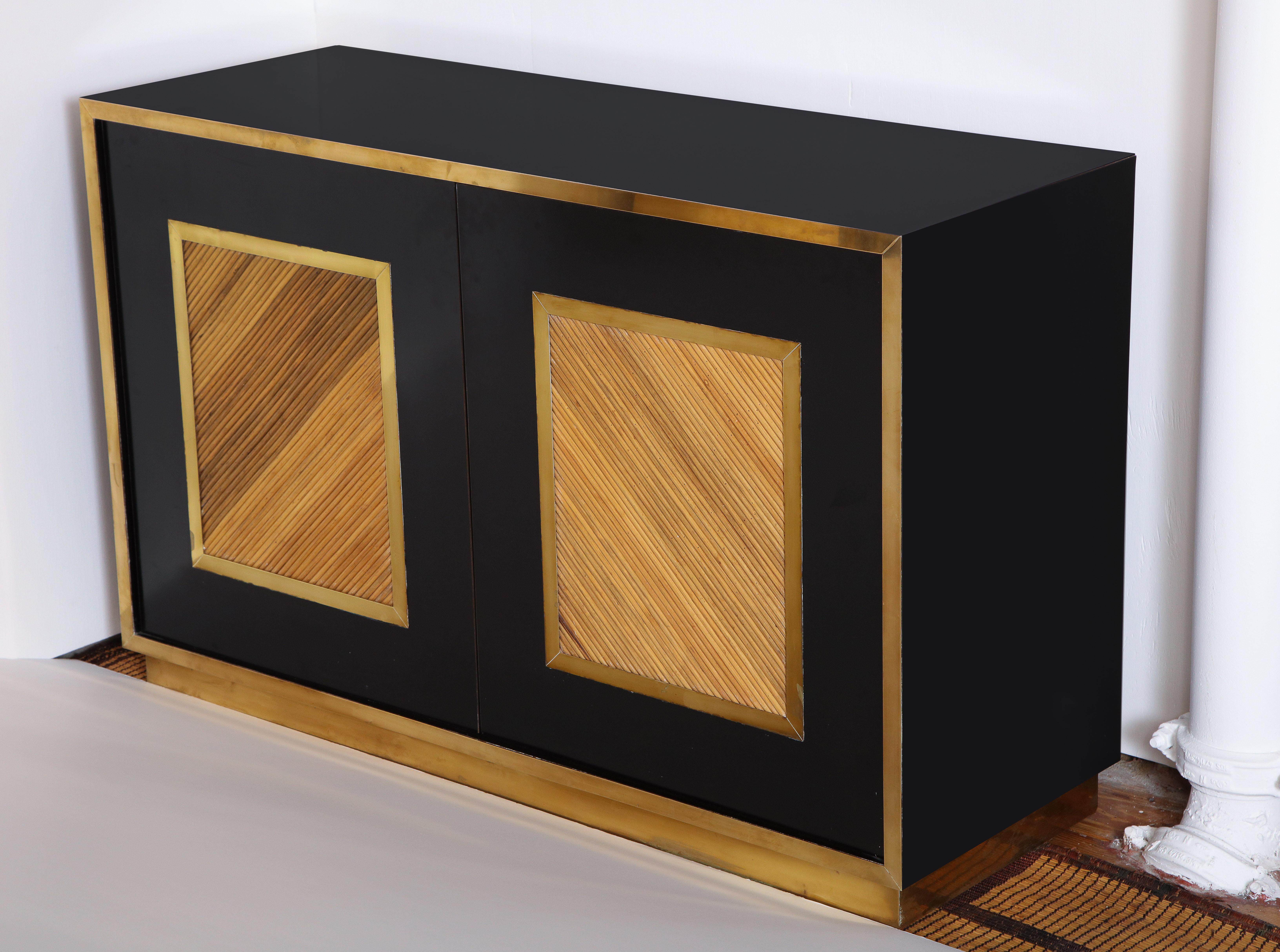 Mid-Century Modern Vintage Italian Brass, Bamboo and Black Credenza, Italy, 1970s