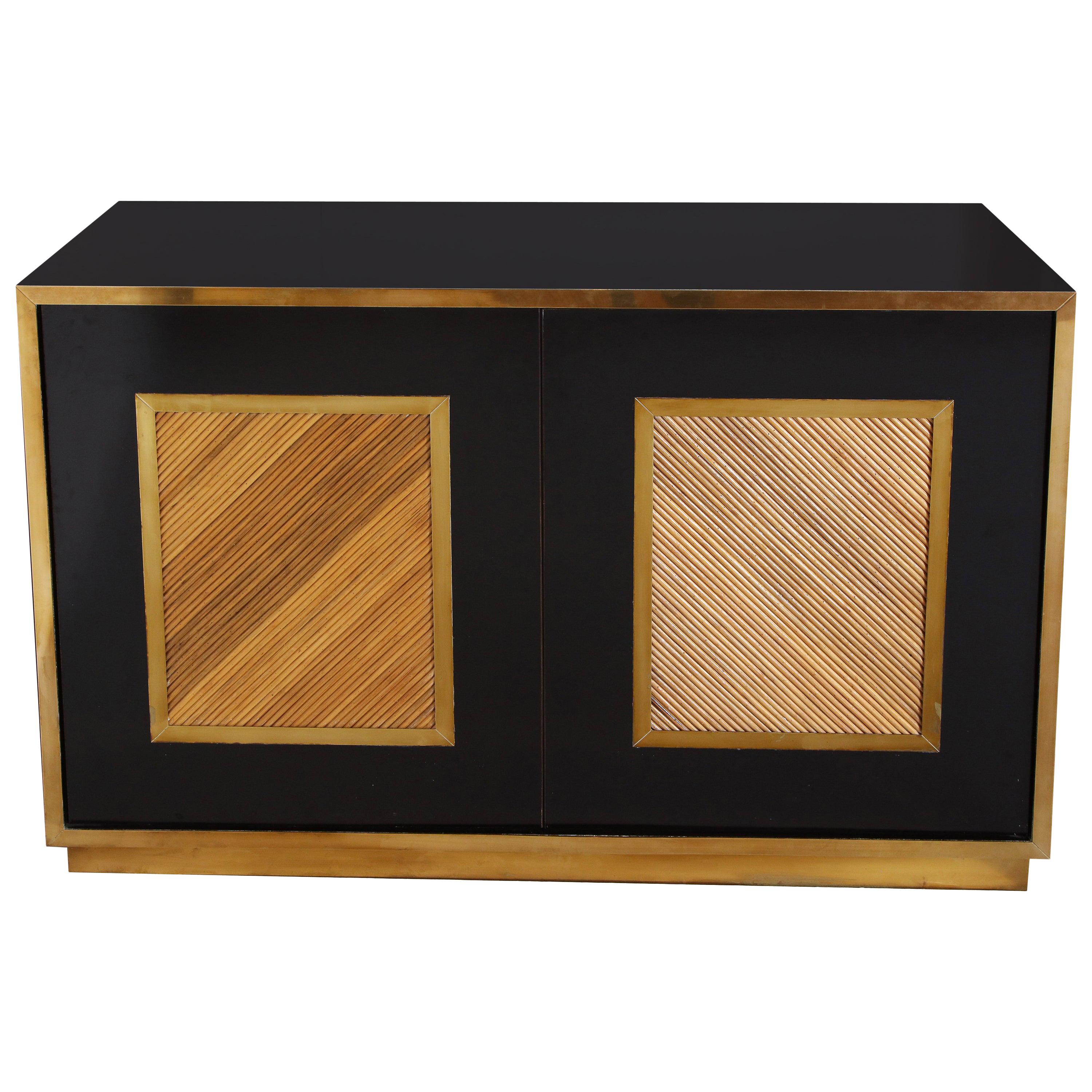 Vintage Italian Brass, Bamboo and Black Credenza, Italy, 1970s
