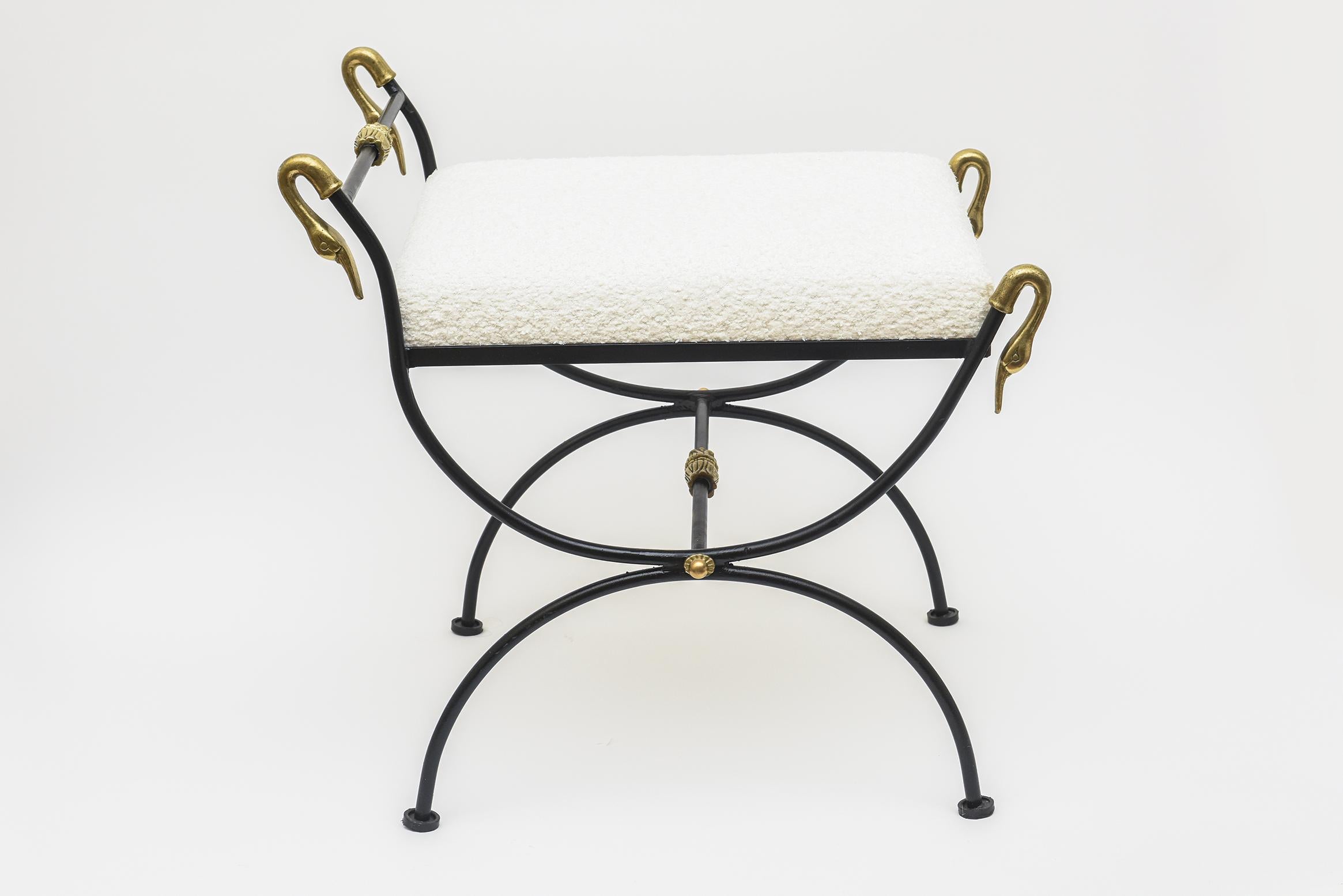 Vintage Italian Brass, Black Iron and White Bouclé Upholstered Swan Bench 9