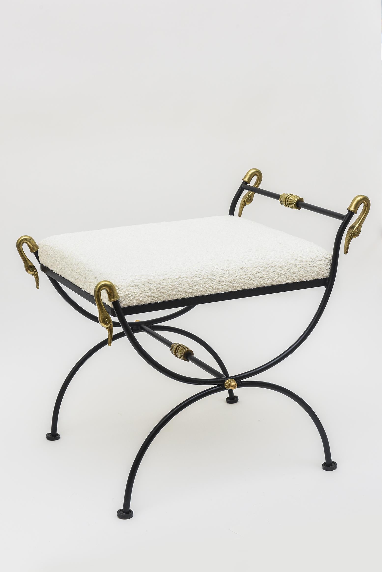 Mid-Century Modern Vintage Italian Brass, Black Iron and White Bouclé Upholstered Swan Bench