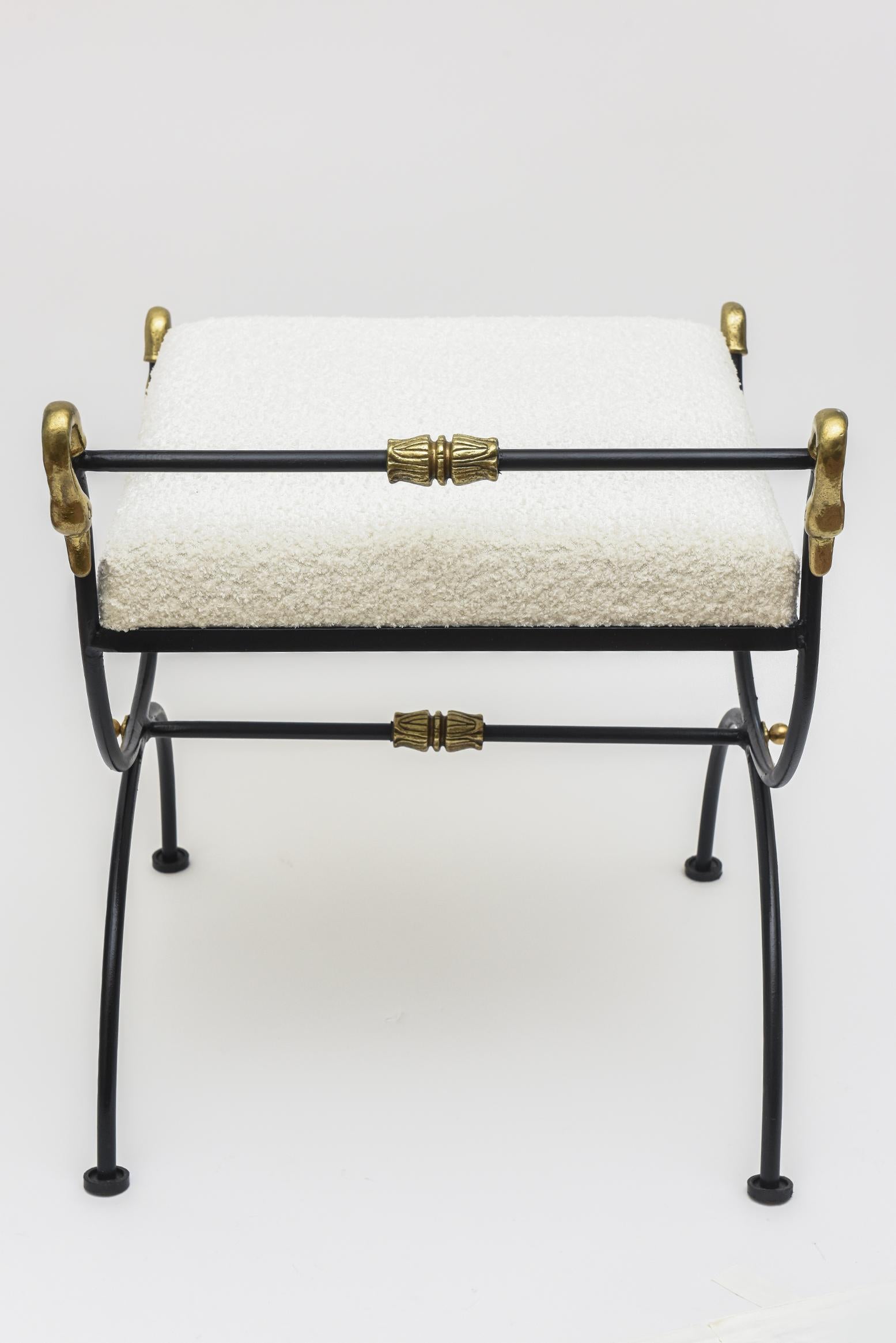 Mid-20th Century Vintage Italian Brass, Black Iron and White Bouclé Upholstered Swan Bench
