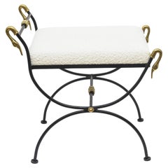 Vintage Italian Brass, Black Iron and White Bouclé Upholstered Swan Bench