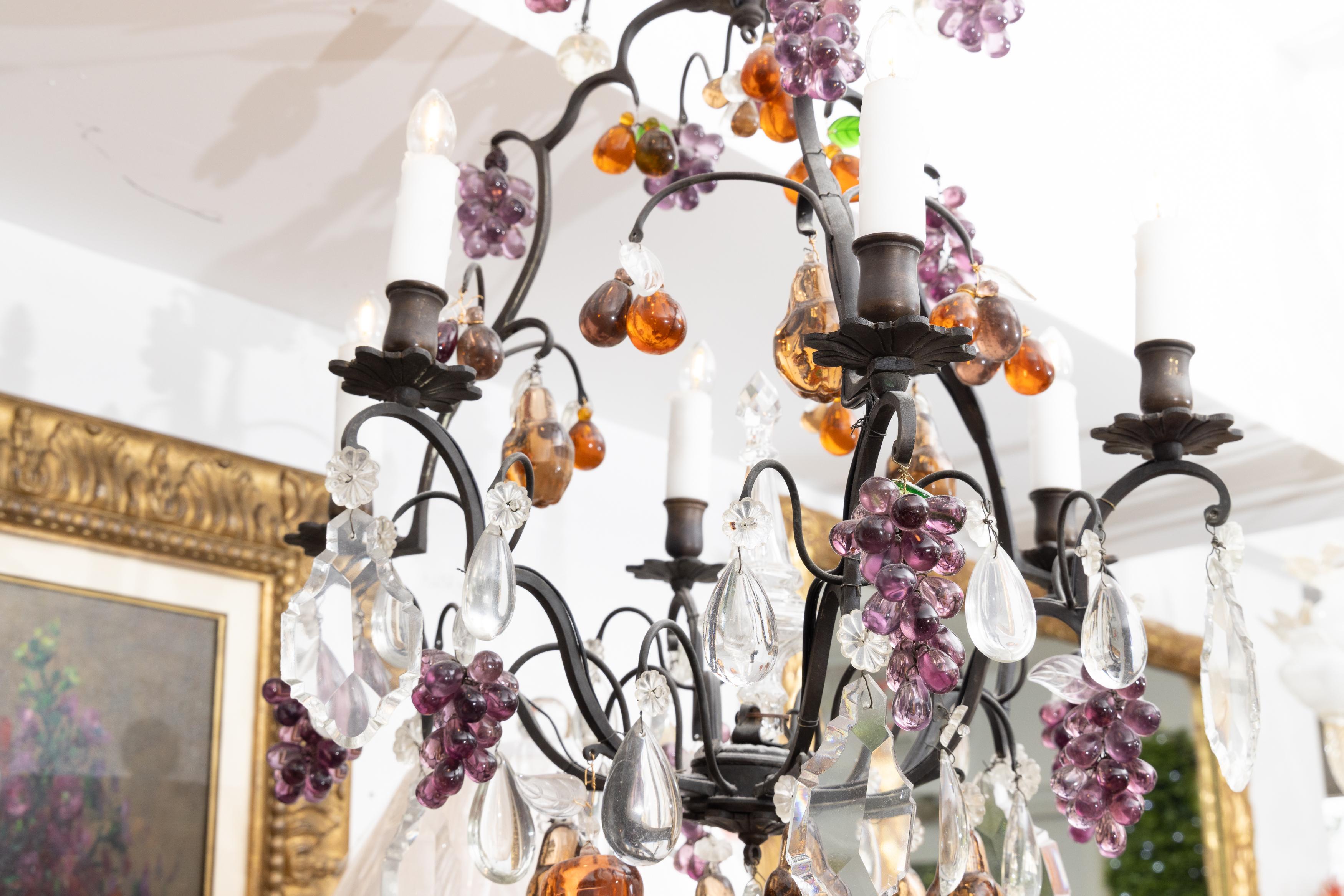 Louis XV Vintage Italian Brass Chandelier with Clusters of Glass Fruit For Sale