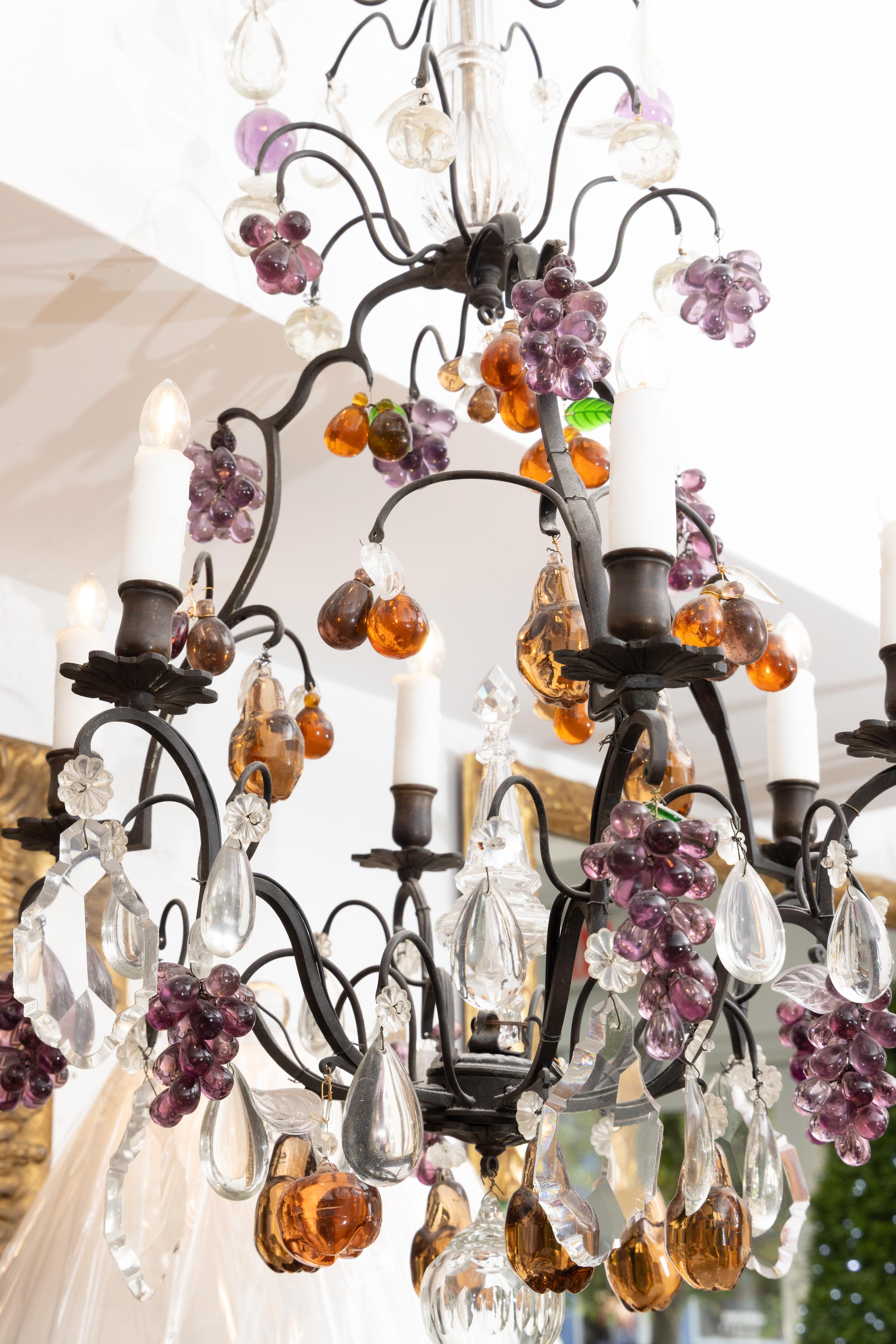 Bronzed Vintage Italian Brass Chandelier with Clusters of Glass Fruit For Sale